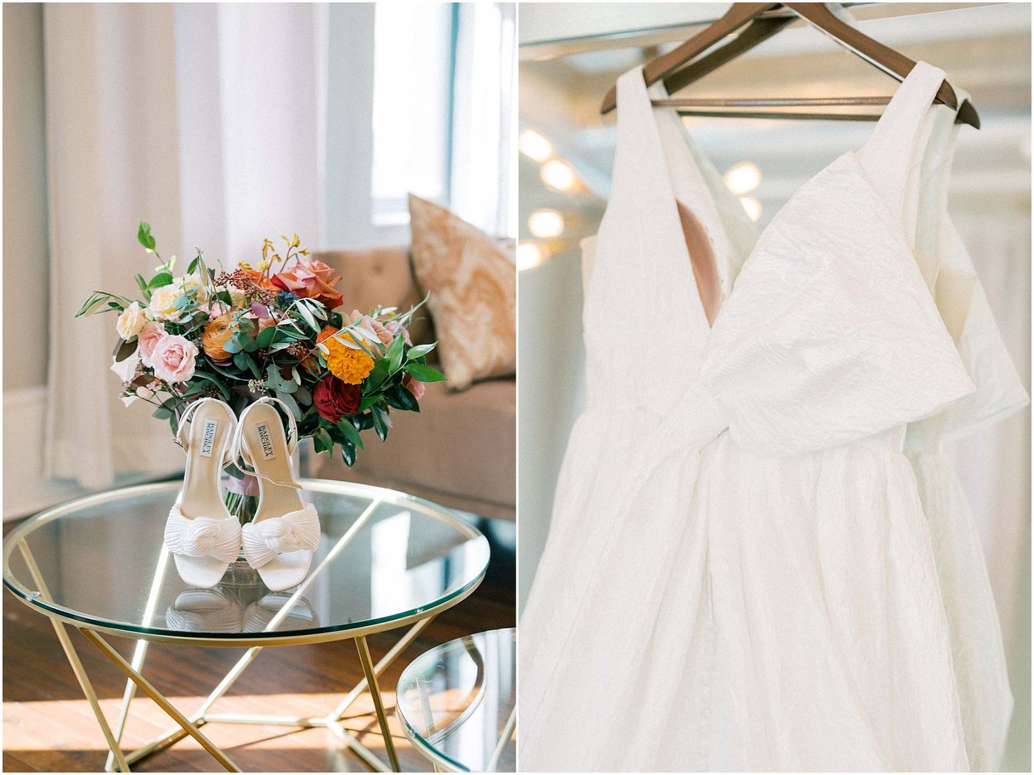 Wedding details including white dress, floral arrangements, and delicate accessories arranged in an elegant display.