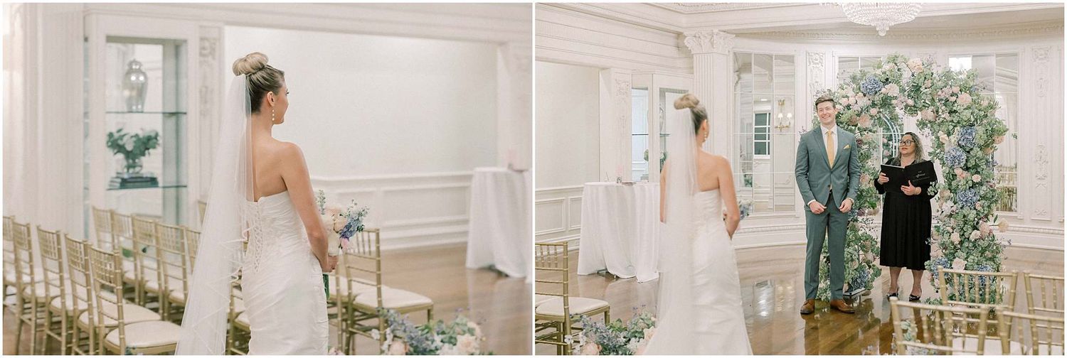 Wedding venue details showing elegant white ballroom with floral decorations and gold chairs.