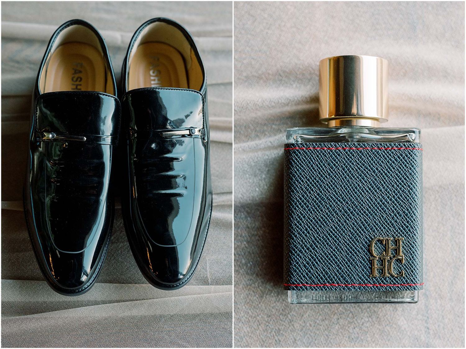 Black patent leather dress shoes and a teal leather cologne bottle displayed on grey surface.