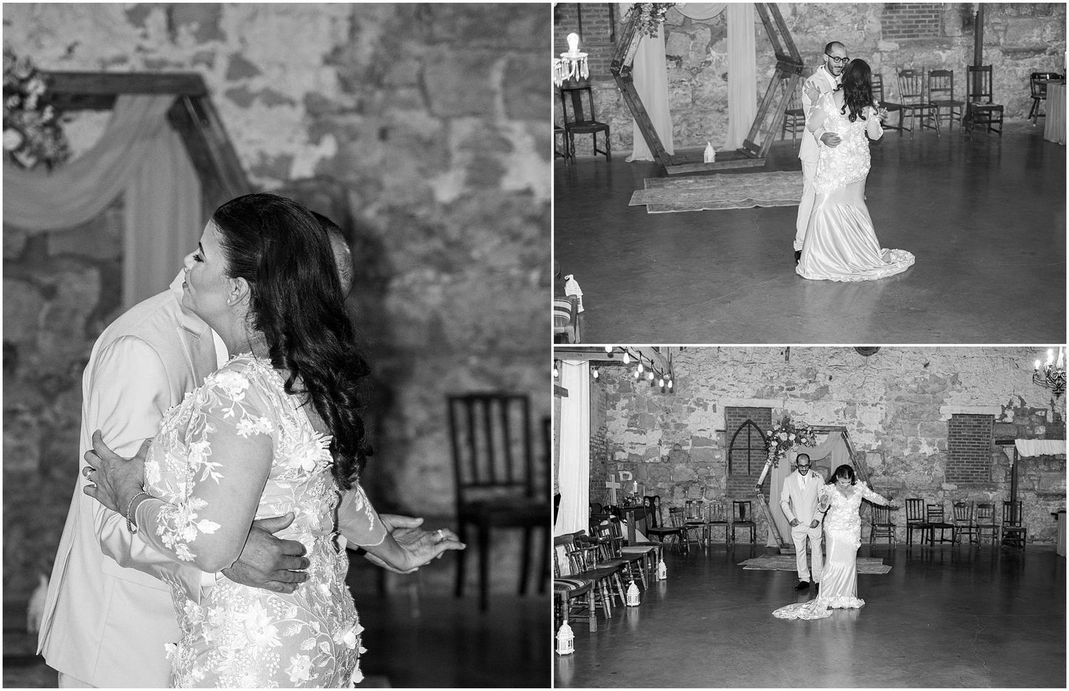 Black and white wedding photos showing romantic dance sequences in a historic venue.