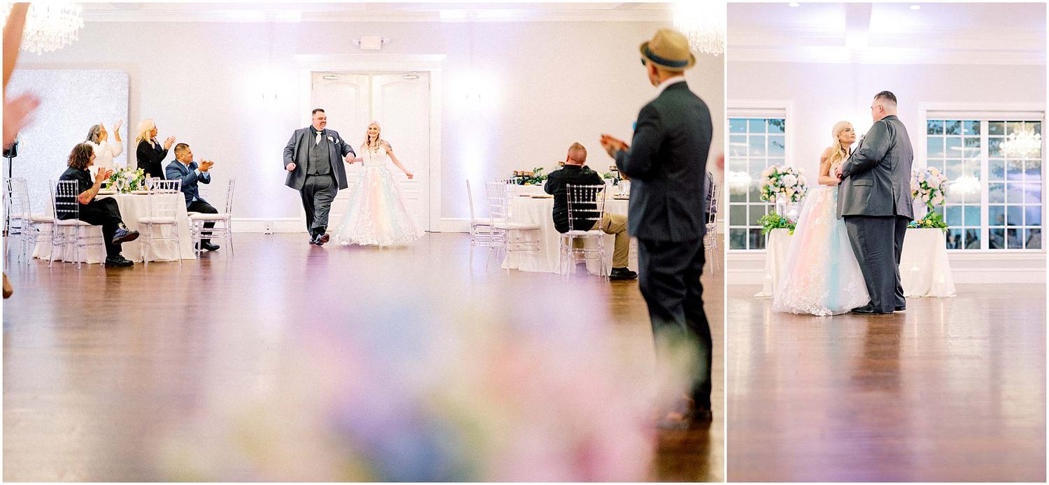 Wedding celebration captured in a bright ballroom with hardwood floors and white decor.