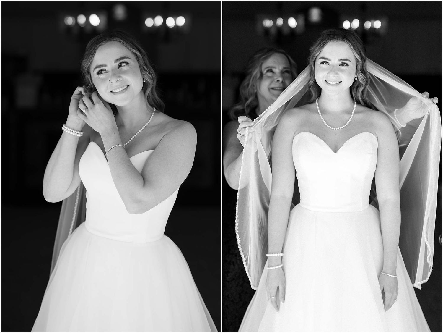 Series of artistic black and white bridal portraits showing different angles and expressions.