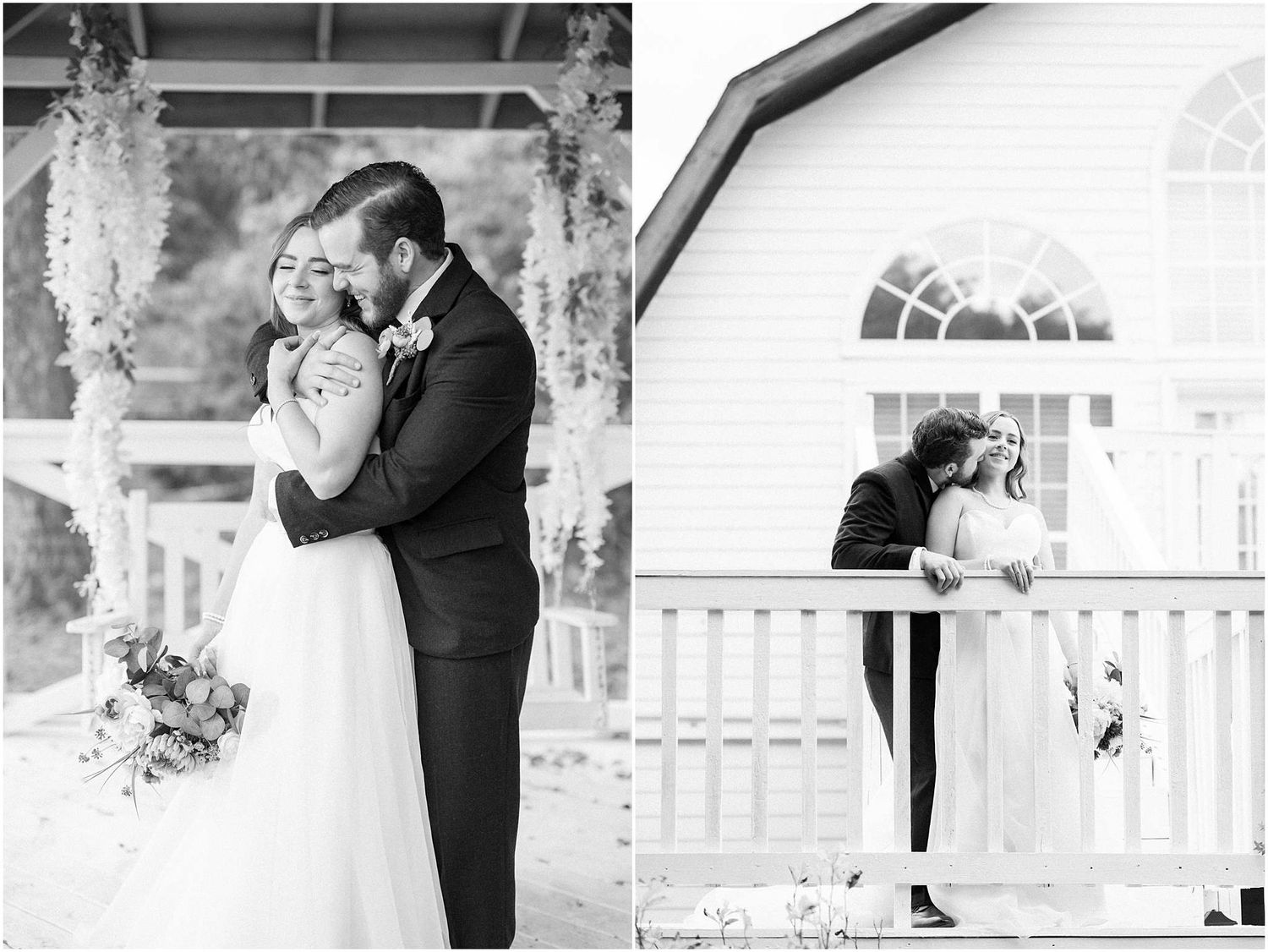 Black and white wedding photos capturing intimate moments on a porch with white railings.