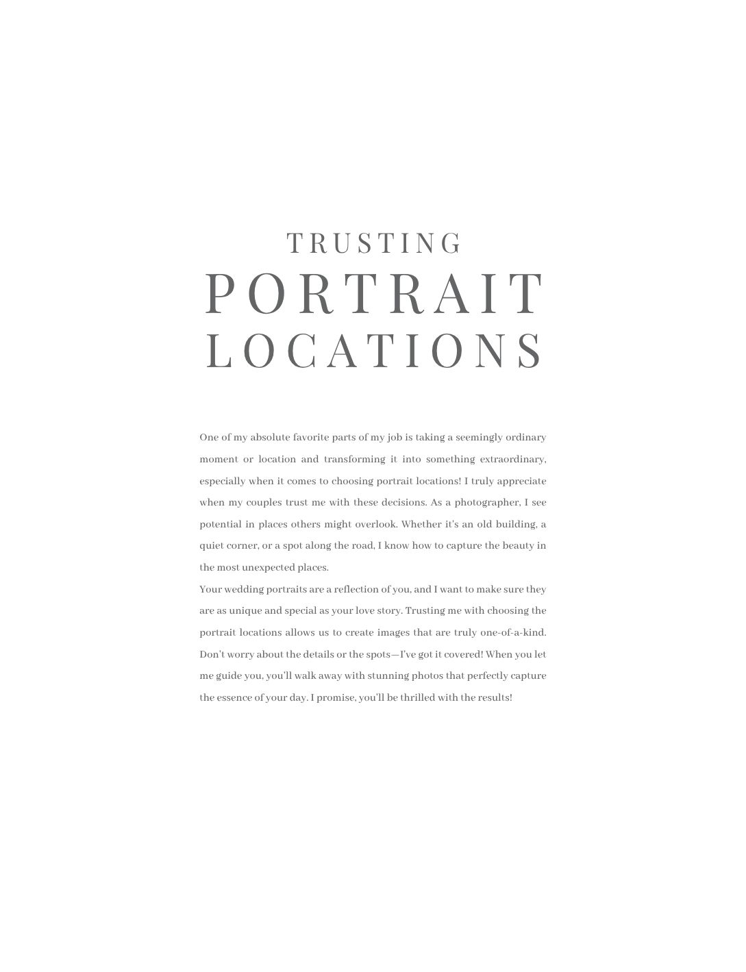 Elegant white page with serif typography reading Trusting Portrait Locations, featuring a paragraph about wedding photography.