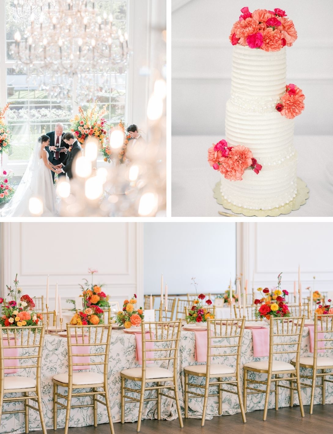 Elegant wedding collage featuring a couple, white tiered cake with pink florals, and gold chiavari chairs at a decorated reception table.