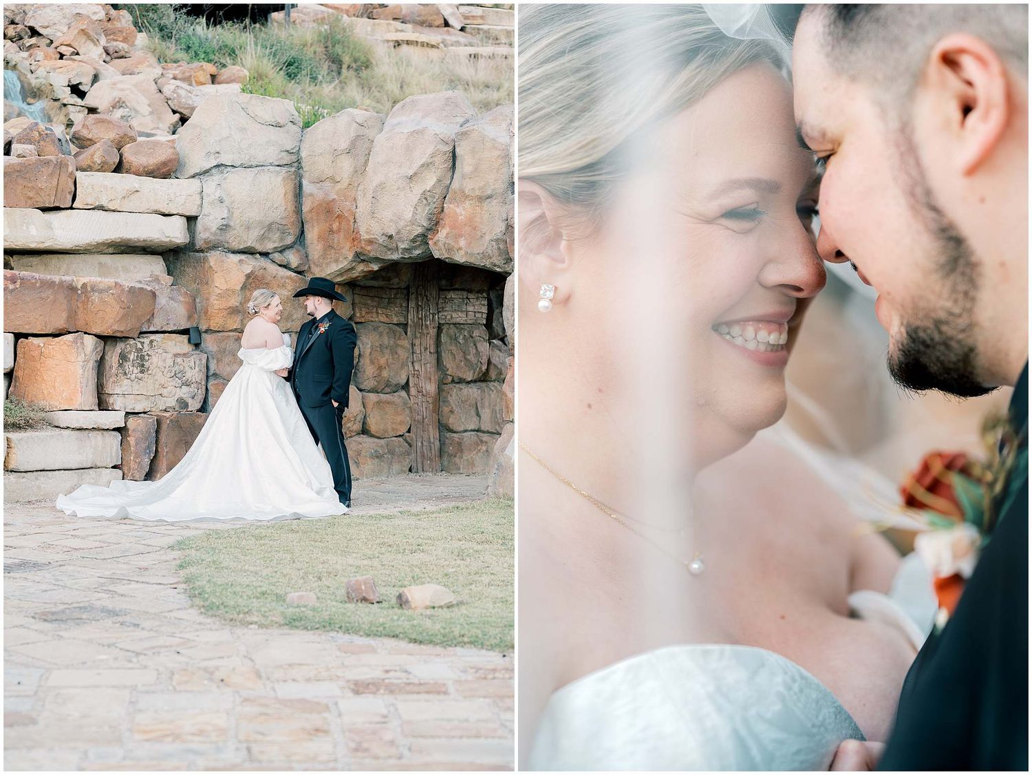 Romantic couple portraits captured against rustic stone walls in natural lighting.
