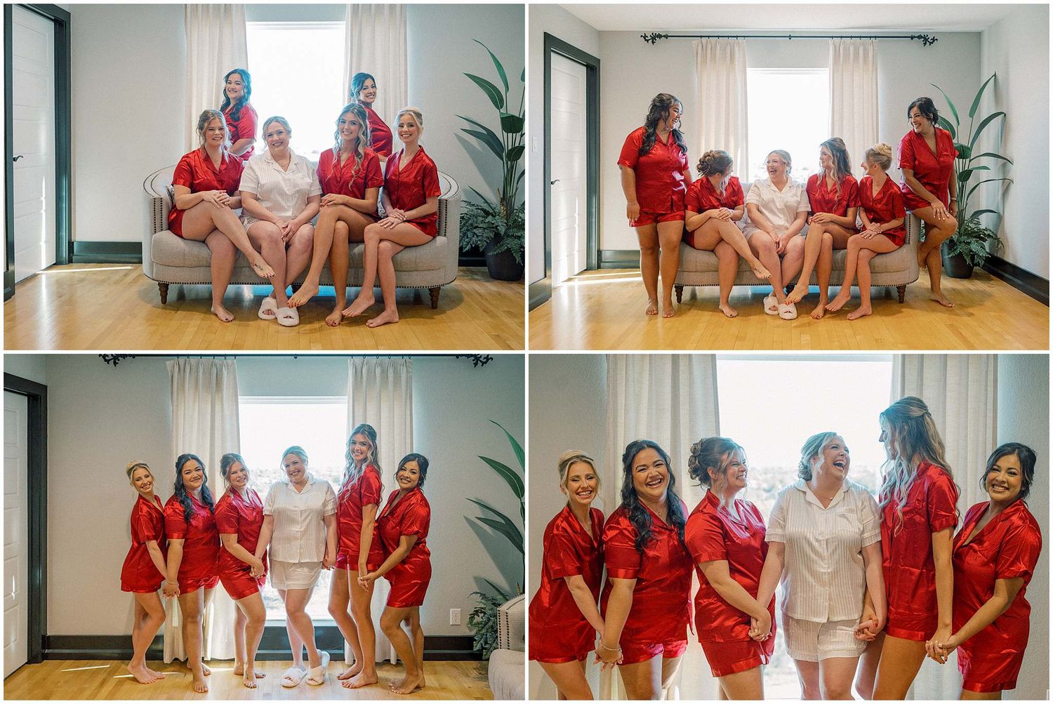 Wedding party group poses in matching red robes and white outfit in a bright modern room with minimalist decor.
