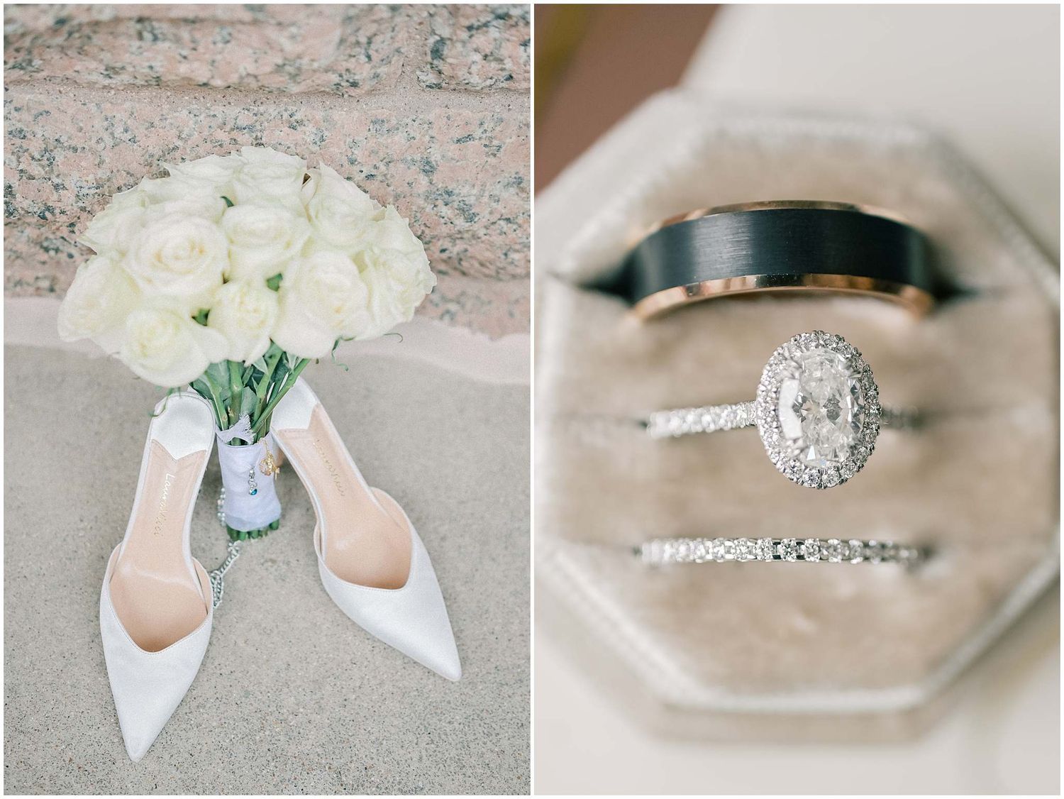 Wedding details featuring white heels, diamond engagement rings, and white floral bouquet arranged on textured surfaces.