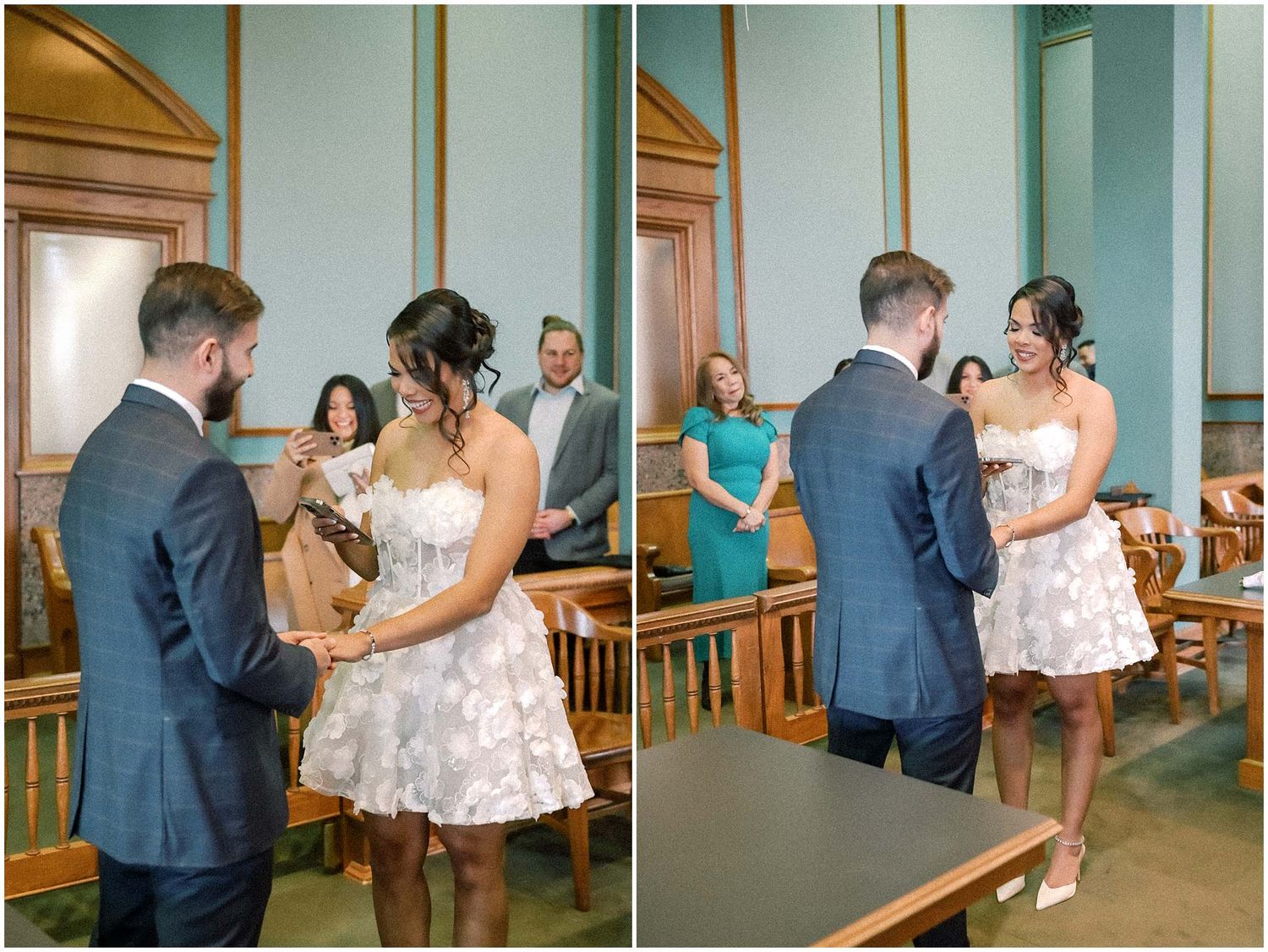 A sequence of photos showing a couple's first look moment in a rustic indoor setting with wood paneled walls.