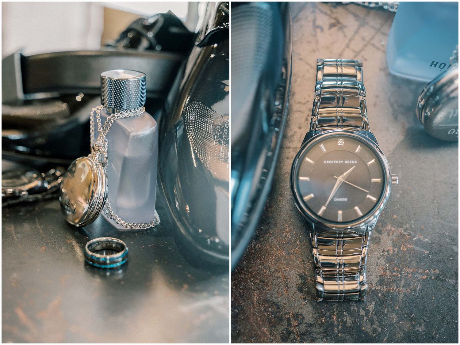 Vintage styled diptych showing a crystal perfume bottle and elegant silver wristwatch on textured surface.