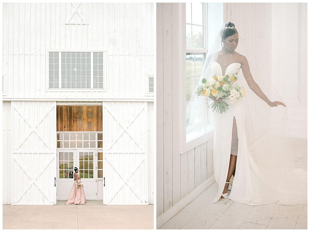 White barn wedding venue exterior and elegant bridal portrait in a modern white gown.