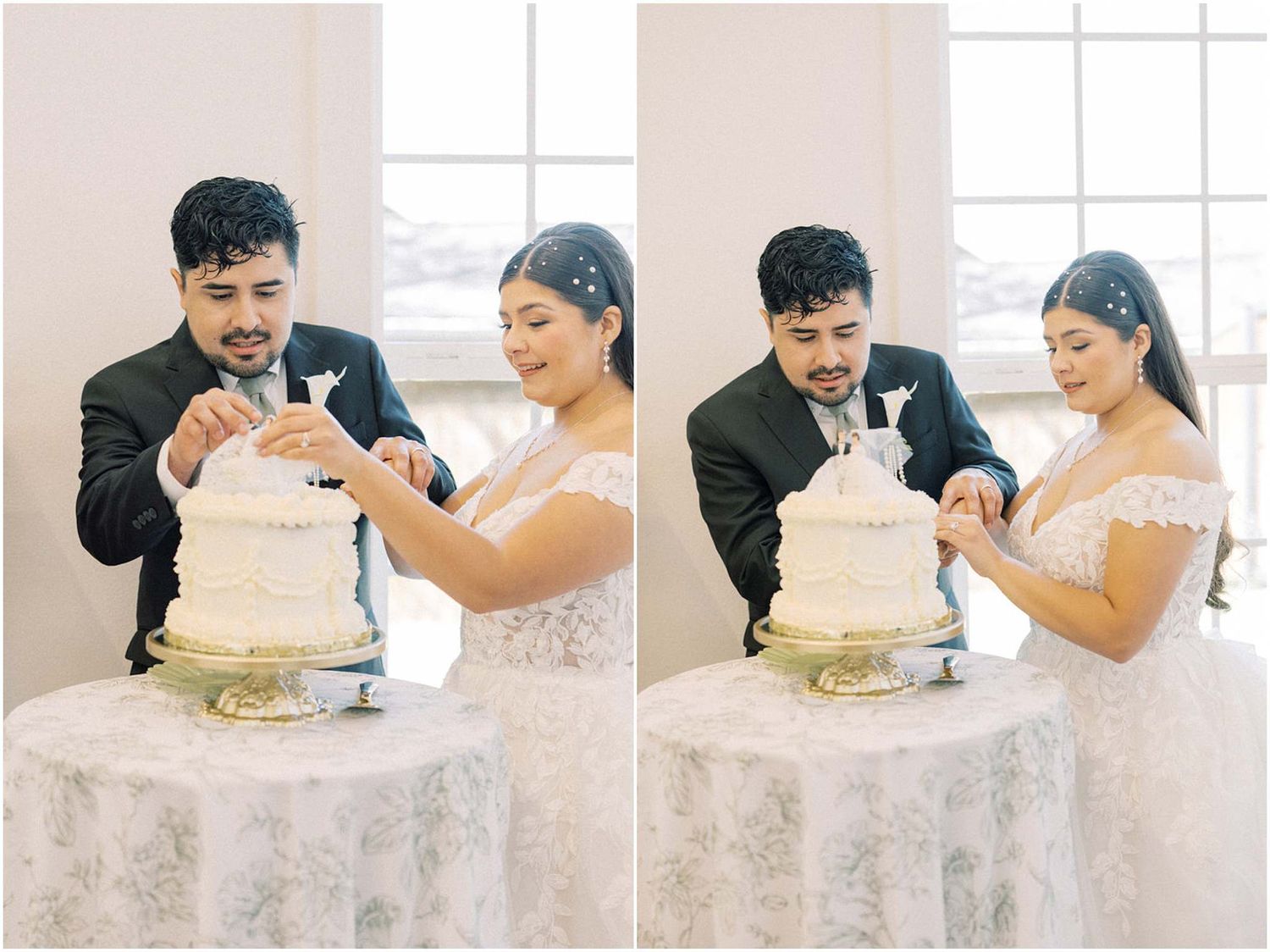 A couple cuts their white wedding cake together in a series of progressive photos showing the traditional cake cutting.