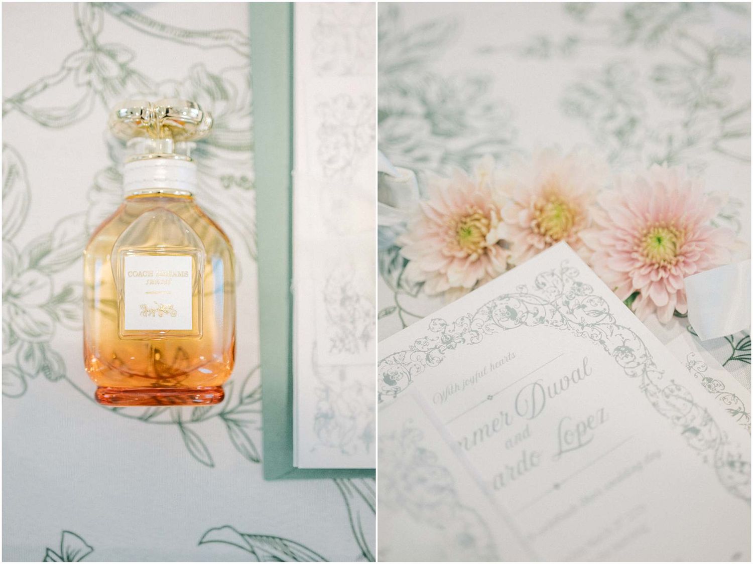 Wedding details featuring perfume bottles and invitations in soft pastel colors.