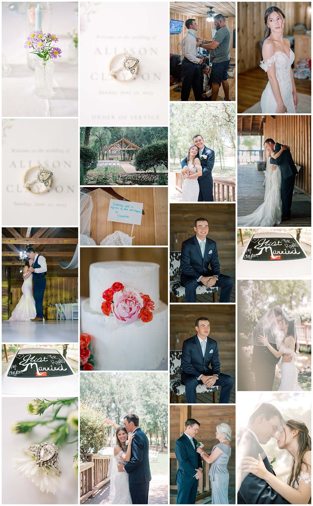 A collection of elegant wedding photographs displayed in a collage style featuring romantic moments and decor details.