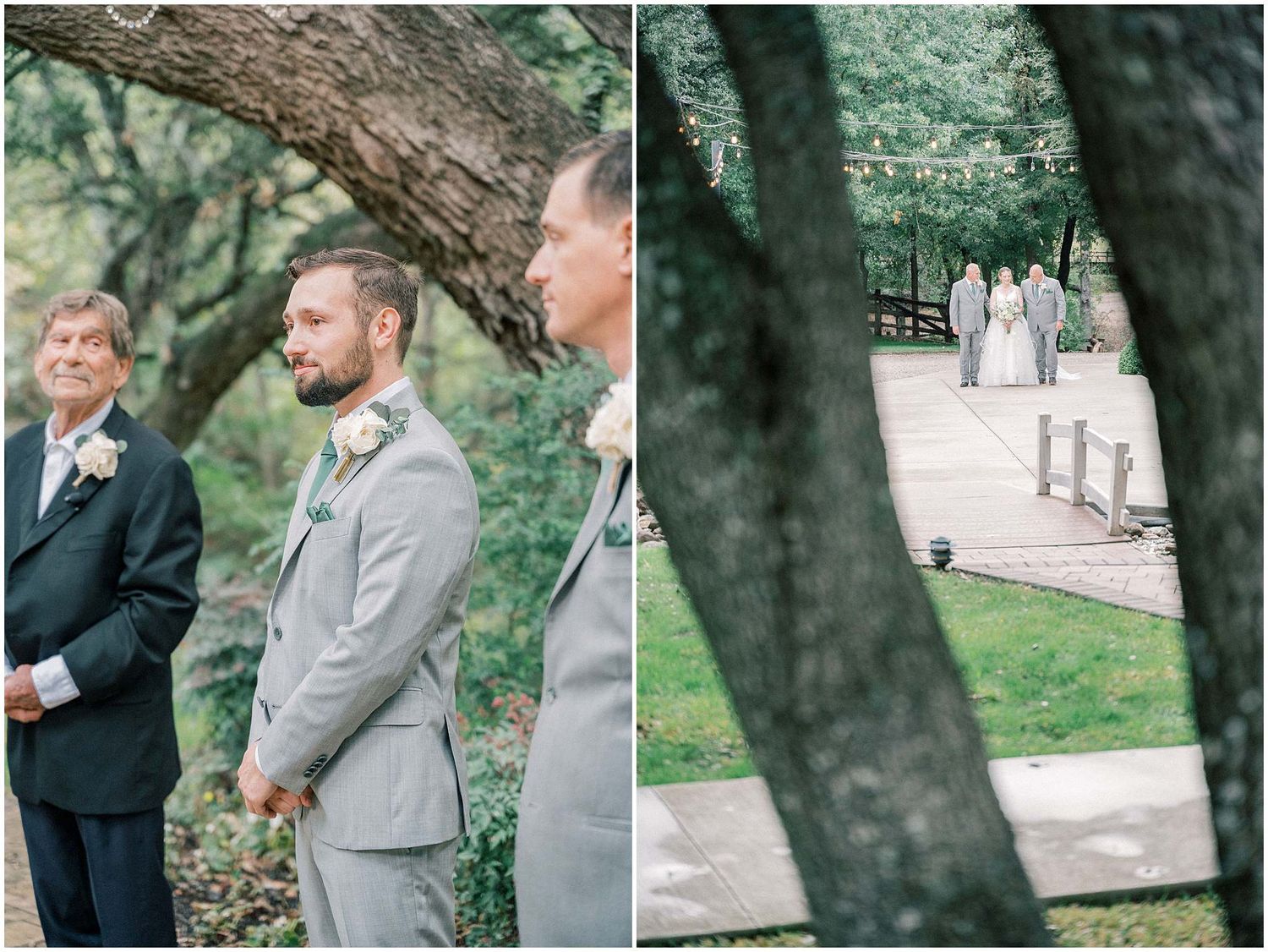 A wedding couple shares intimate moments during their outdoor photo session on a tree-lined path.