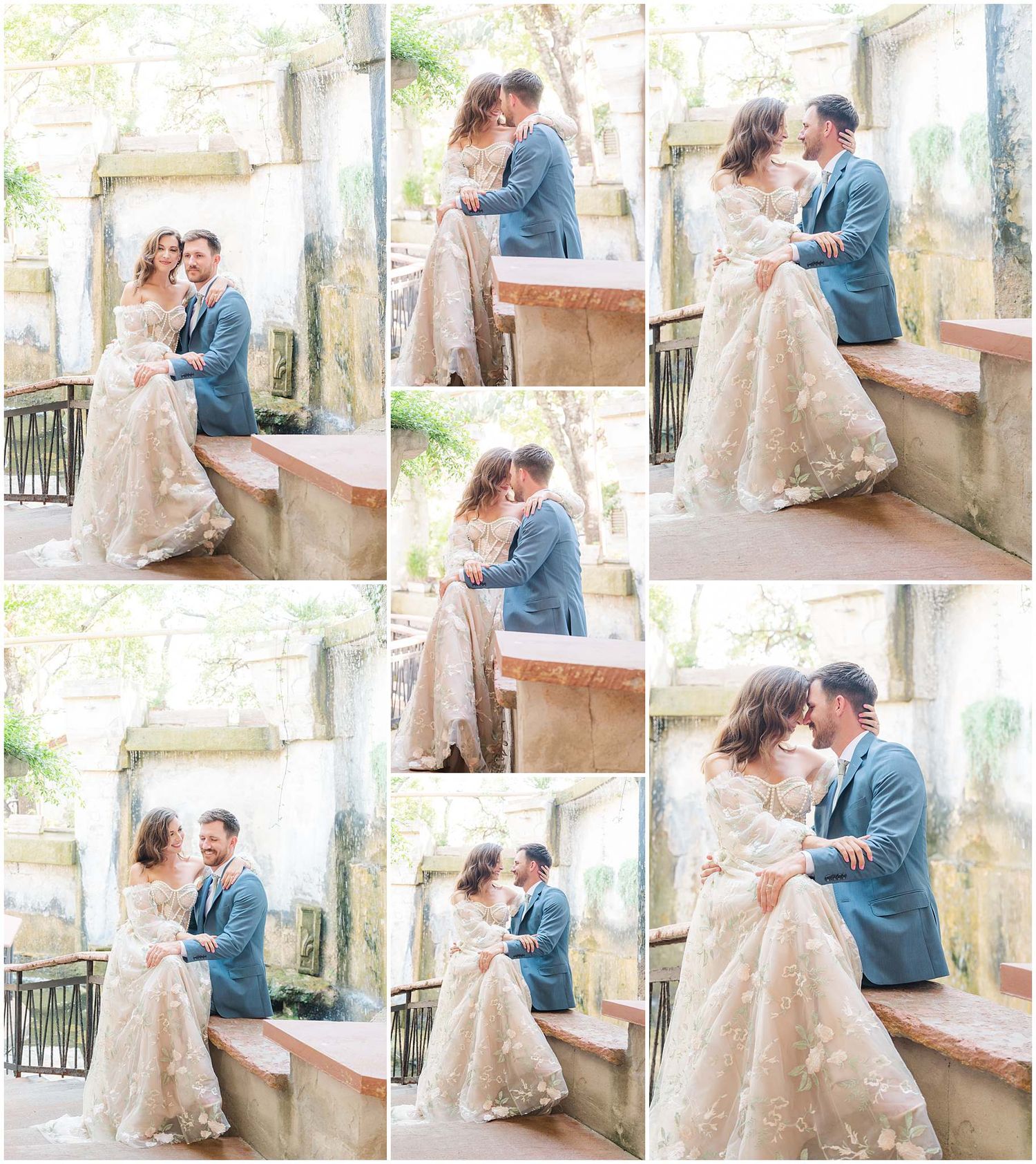 A romantic wedding couple shares intimate moments in a vintage-style outdoor setting.