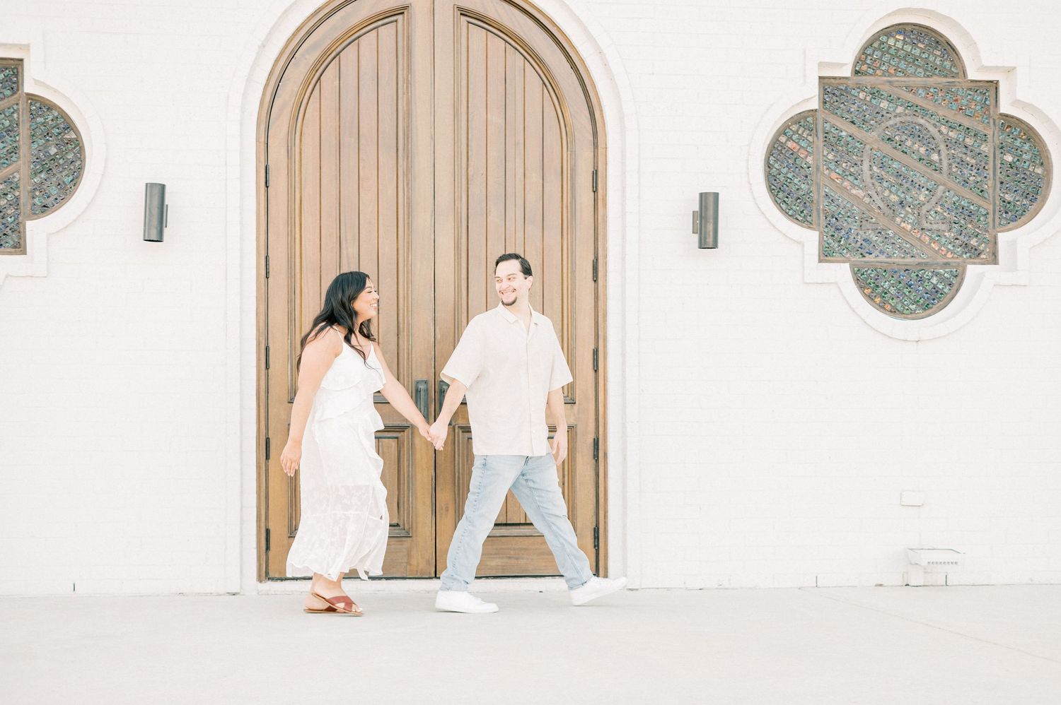 A series of minimalist wedding photos showing couples in white attire against neutral backgrounds at various moments.