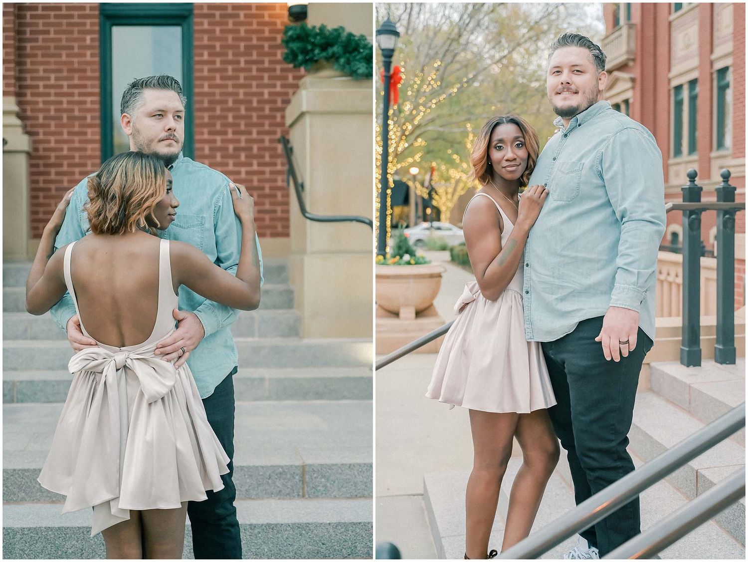 A couple poses together on brick building steps, with the woman wearing a light dress with bow detail.