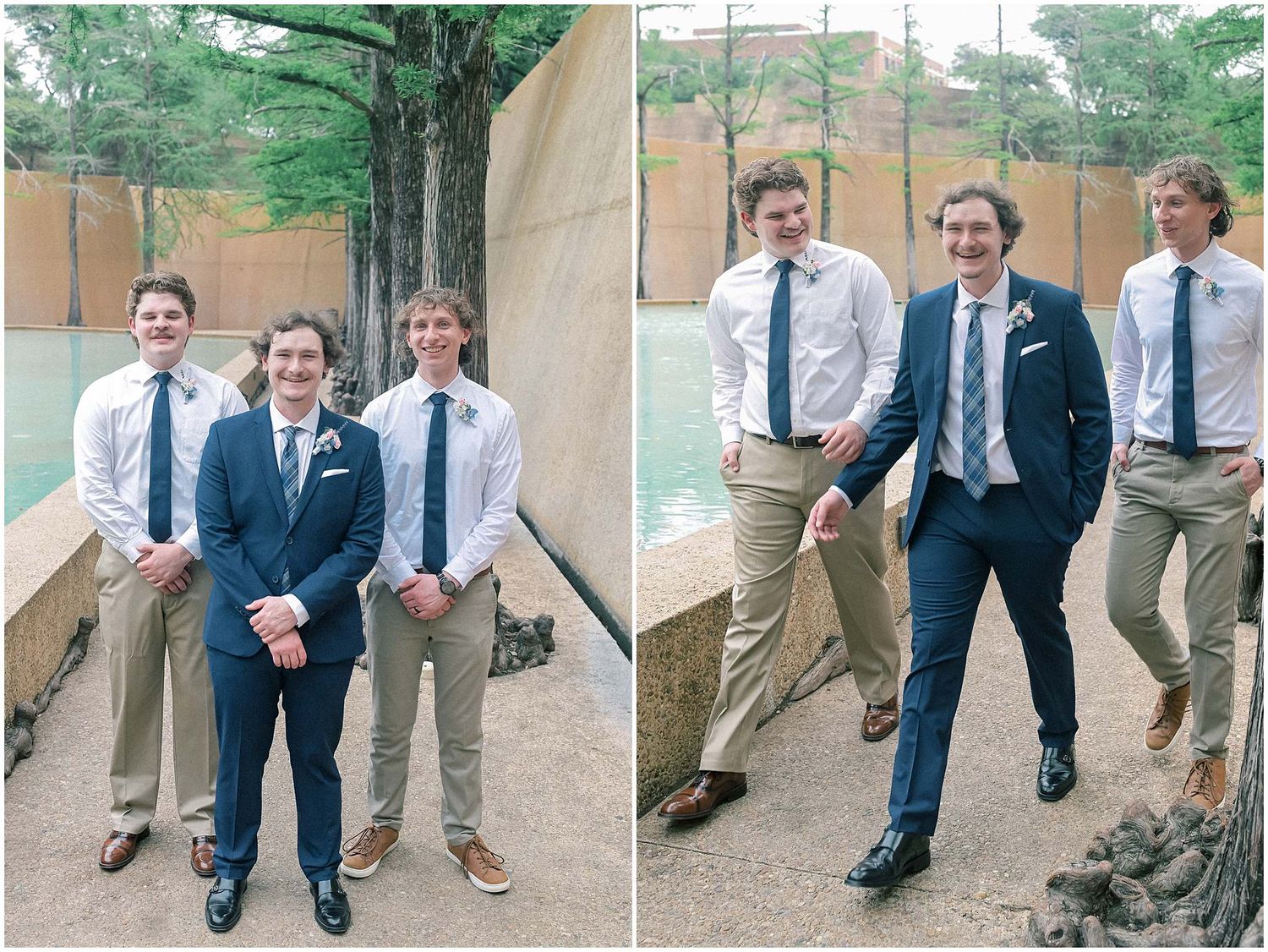 A sequence of playful groomsmen jumping photos taken outdoors shows matching suits and coordinated poses.