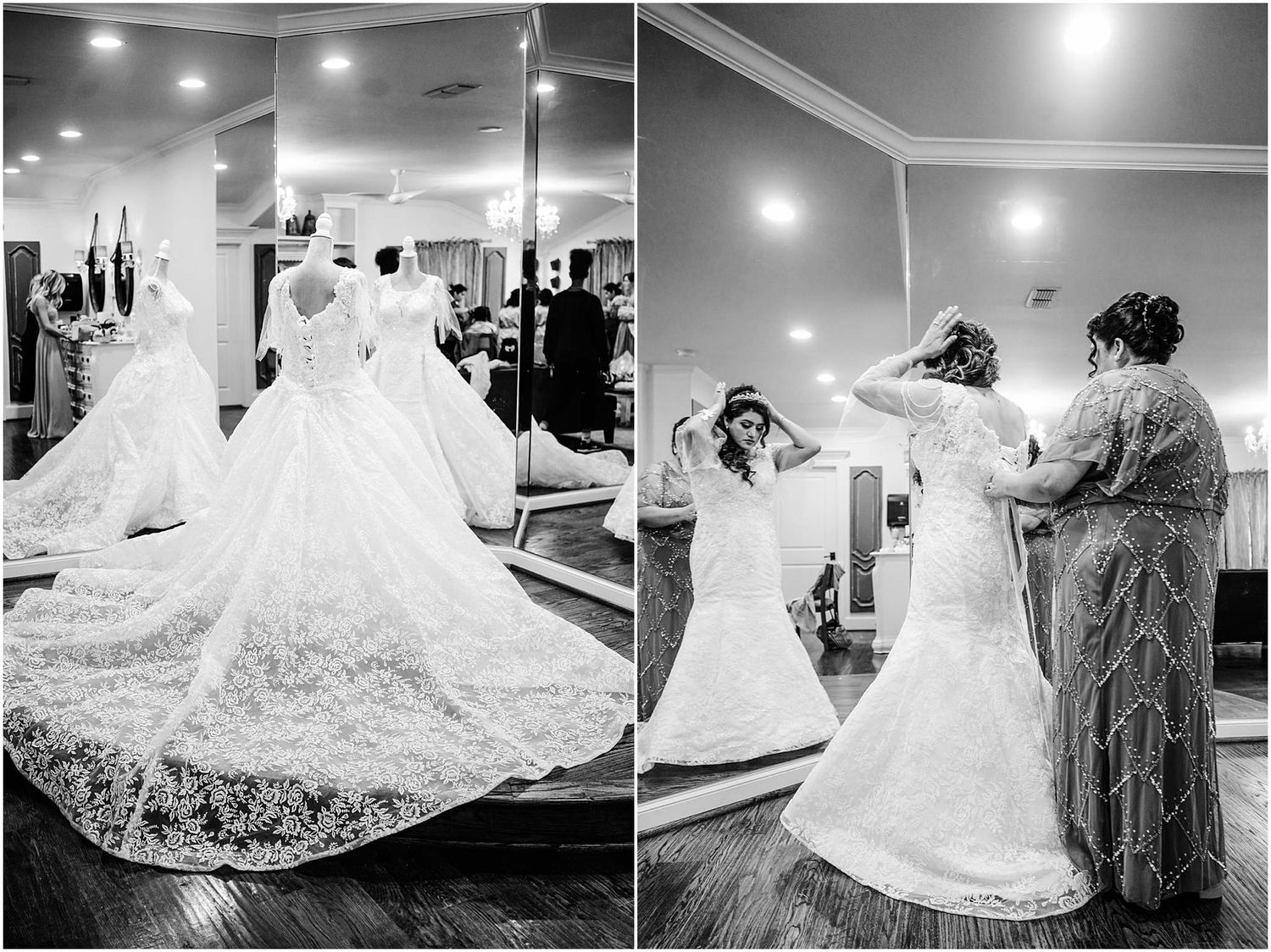 Bride in elegant lace wedding gown with long train getting ready, assisted by loved ones in a bridal suite.