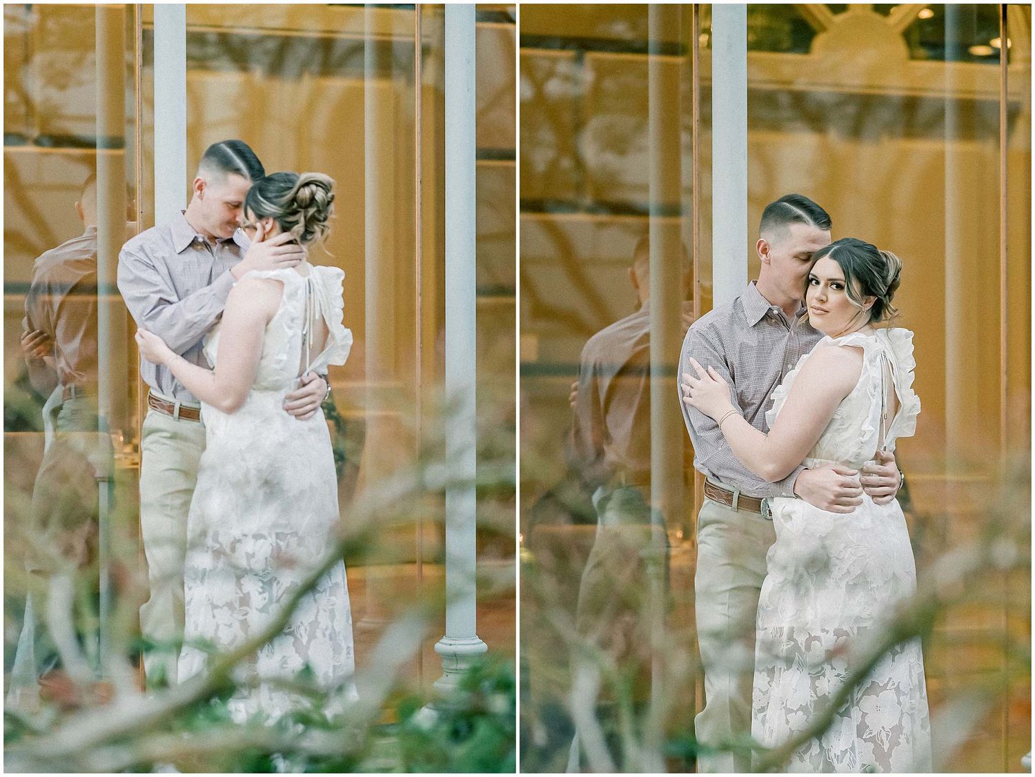 A romantic moment captured between a couple in vintage-style attire near a sunlit garden setting.
