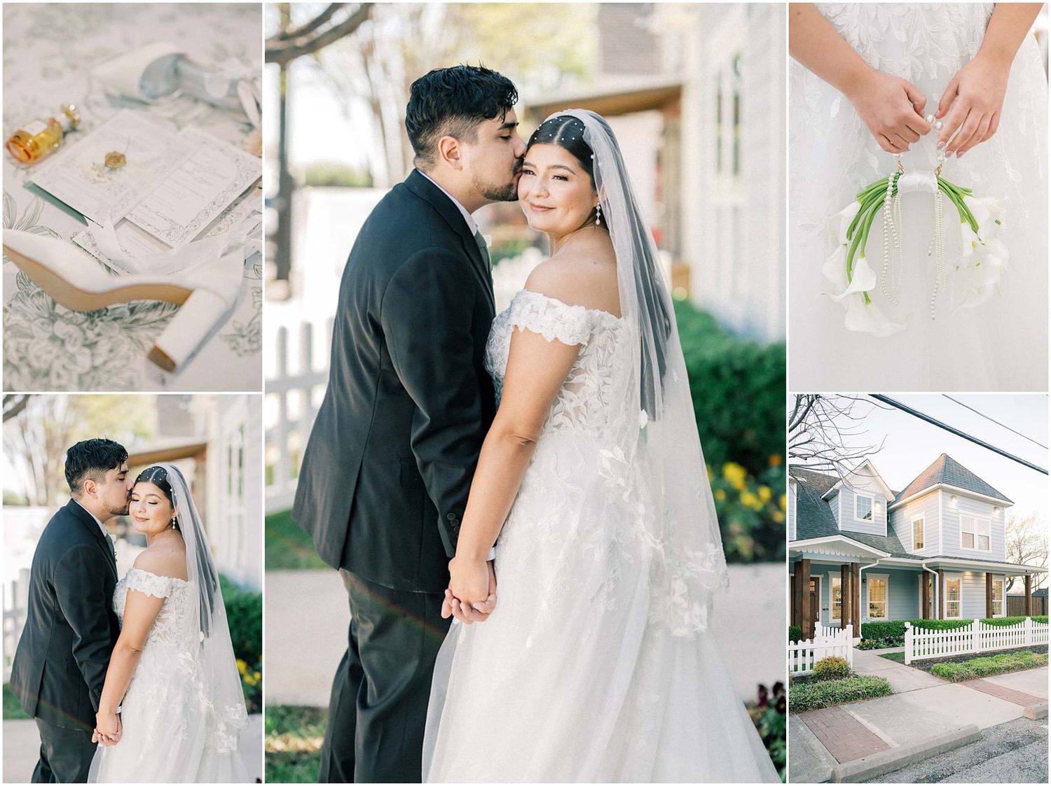 Wedding photography sequence showing couple in formal attire during outdoor ceremony and portrait session.