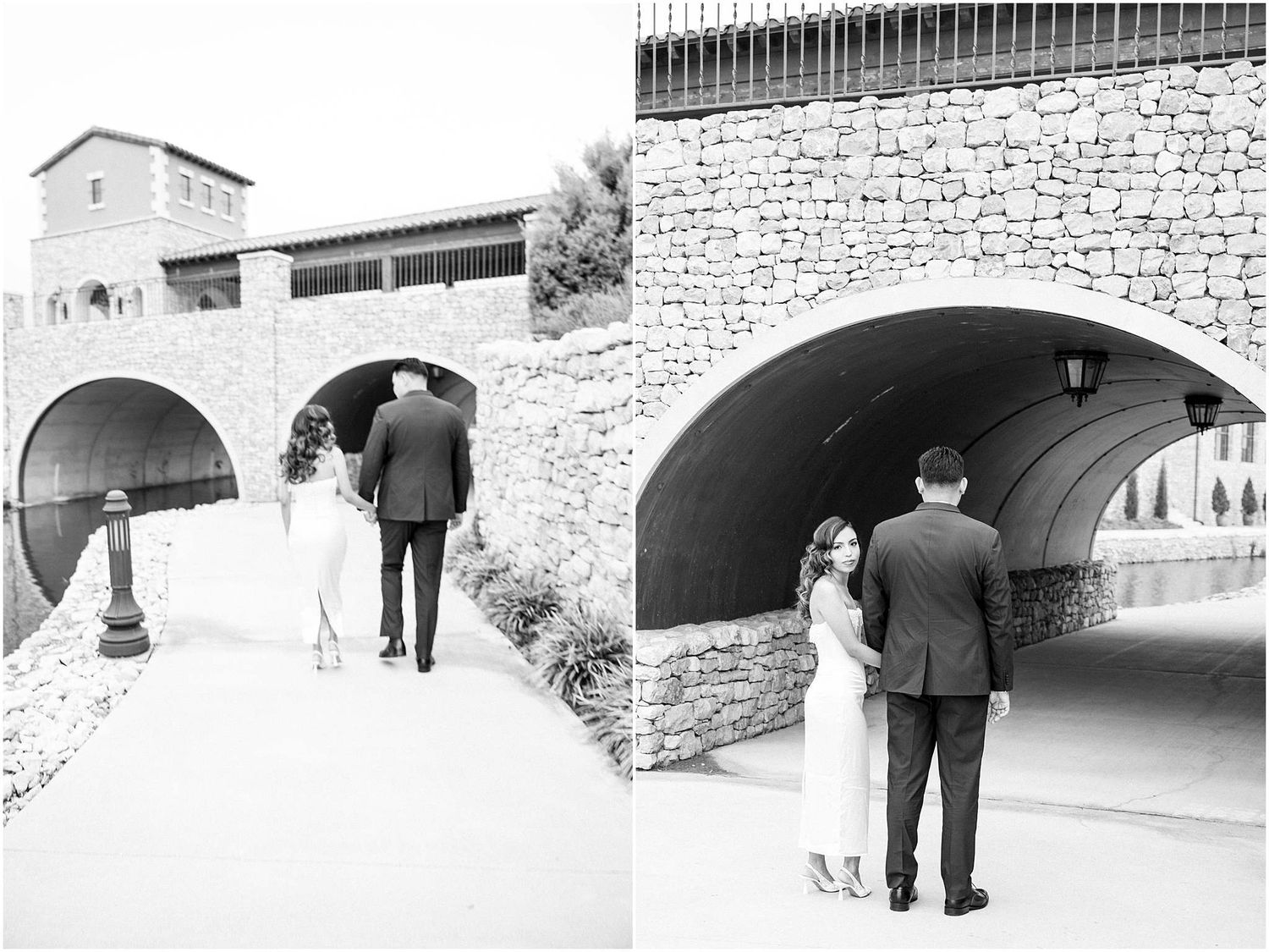 Black and white wedding photos of a couple walking through archways and stone corridors.