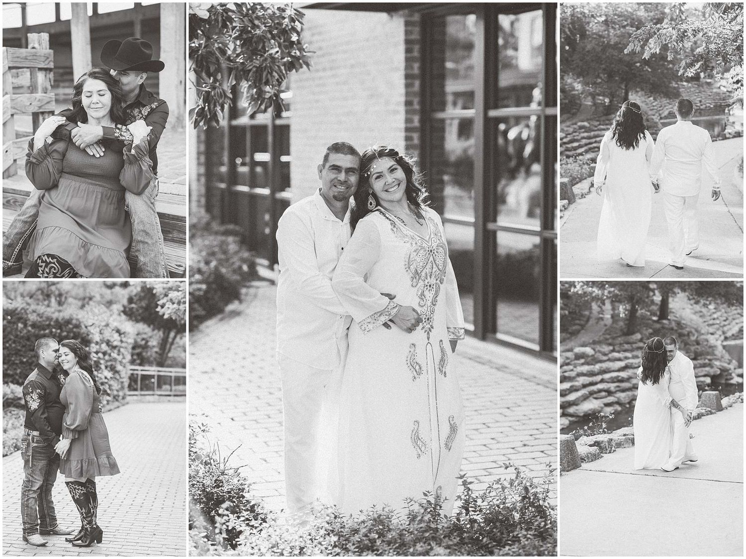 Black and white romantic portraits of a couple in an outdoor garden setting.