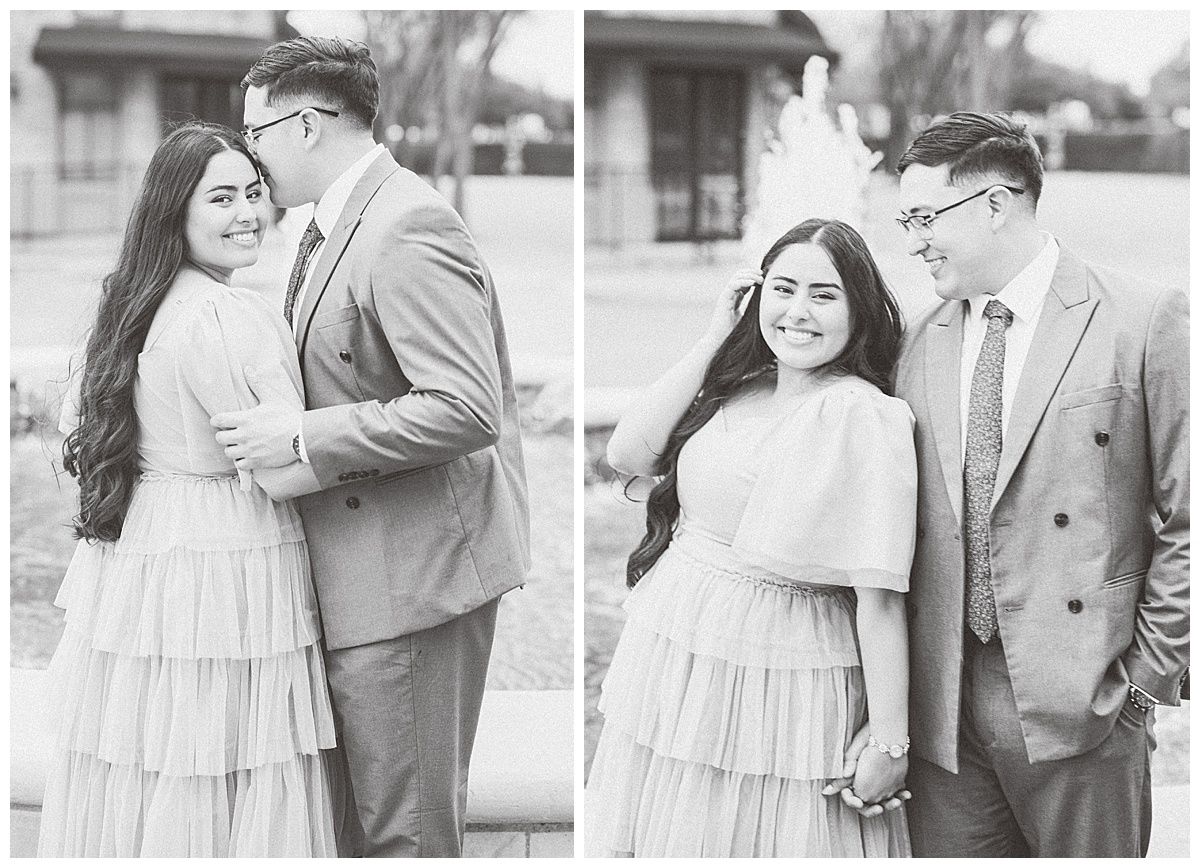 Black and white engagement photos capturing intimate moments between a formally dressed couple.