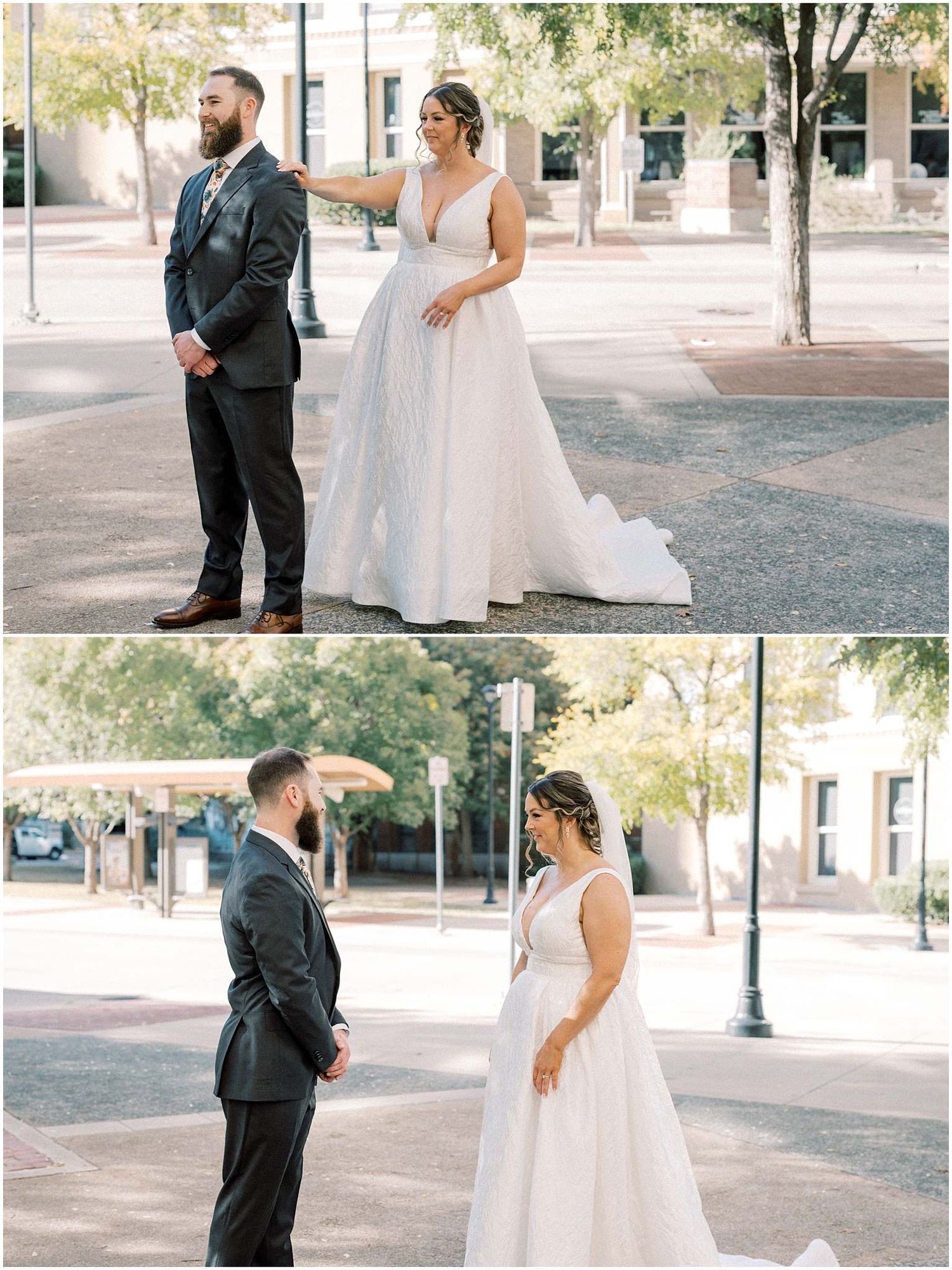 First look wedding moment captured in a series of photos on a tree-lined pathway.