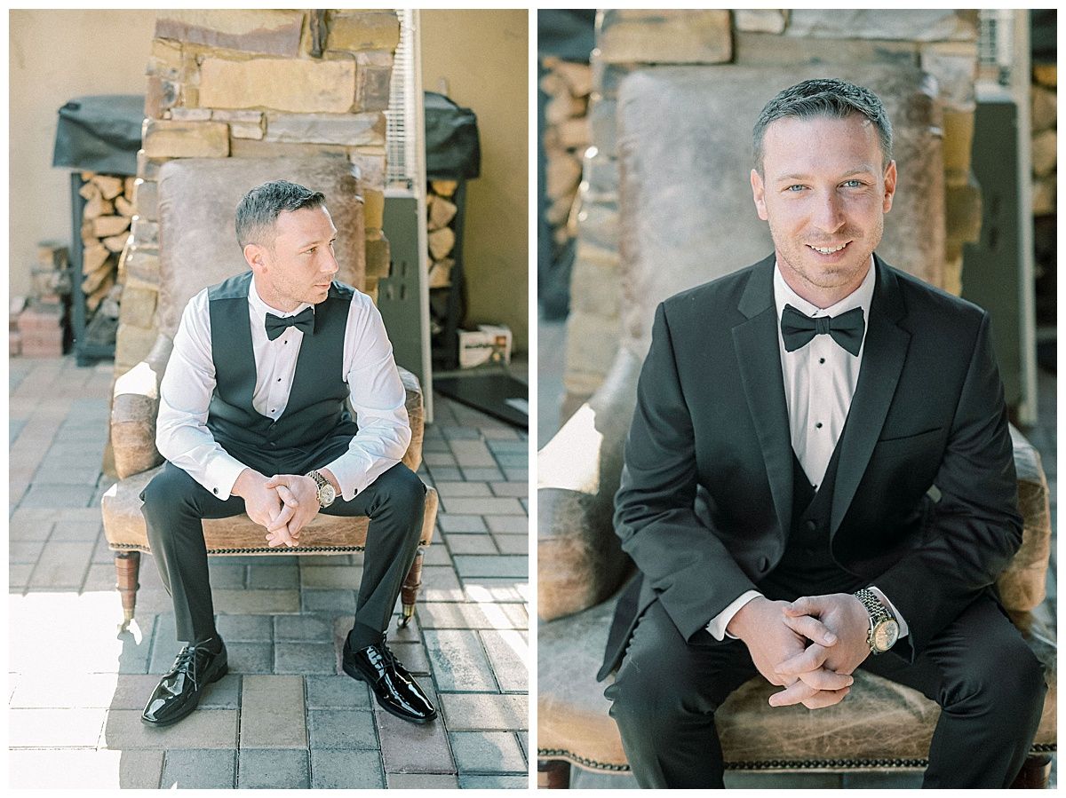 Collection of formal portraits showing groom in black tuxedo sitting on stone steps.