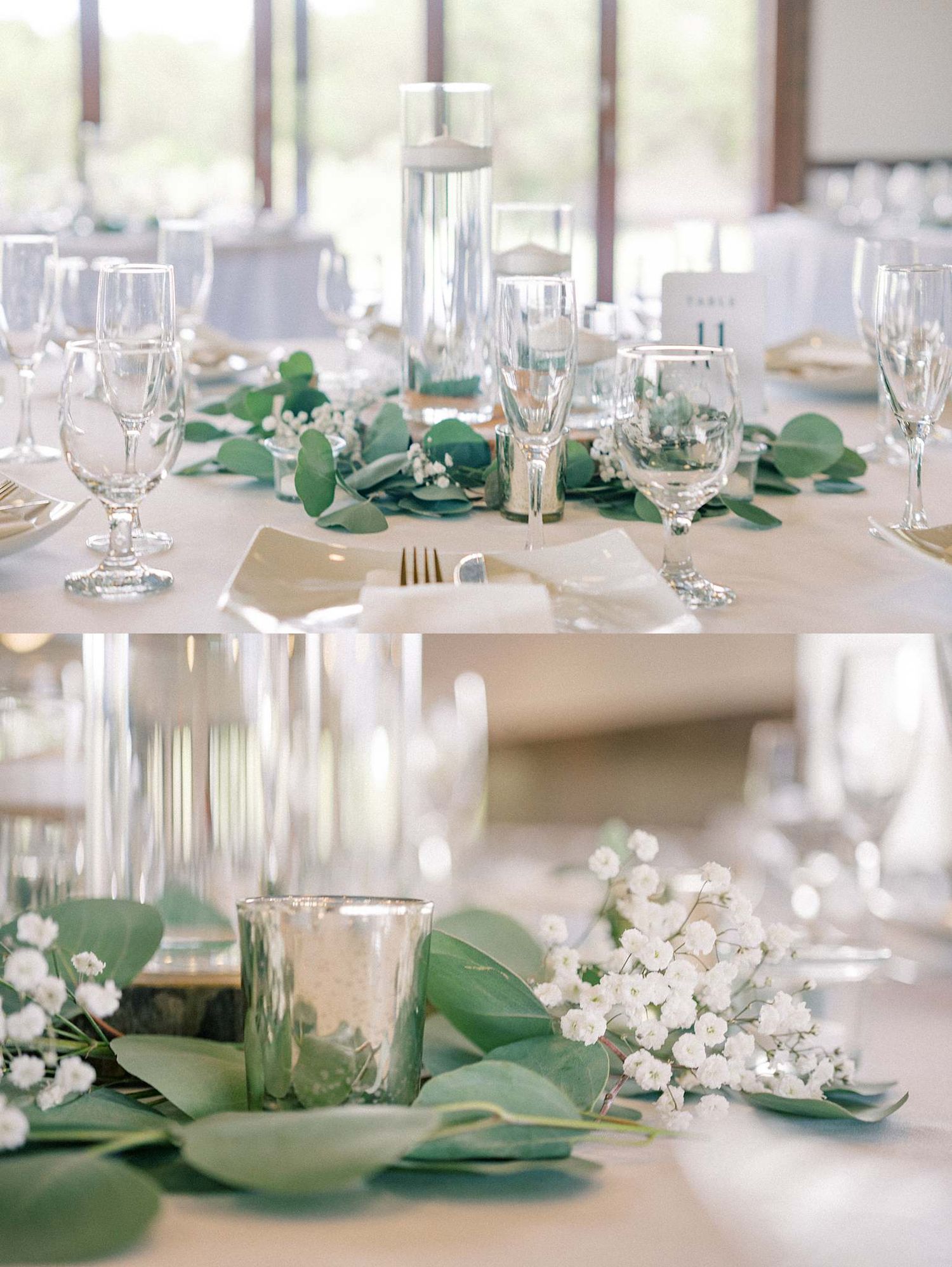 Elegant wedding table settings with white linens, crystal glasses, and green foliage accents.