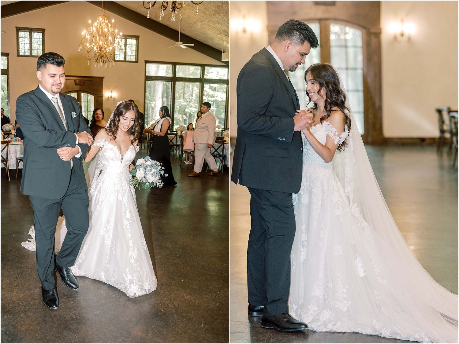 Wedding couple sharing romantic dance moments in elegant venue with chandelier lighting.