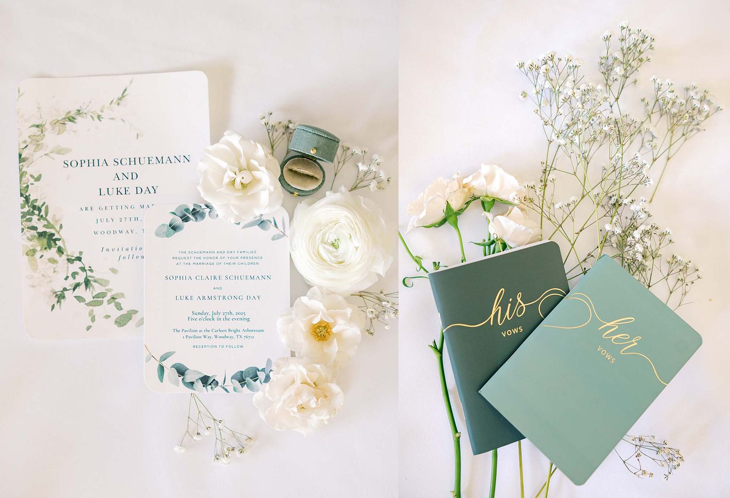 Wedding stationery flat lay featuring sage green envelopes and delicate white flowers.