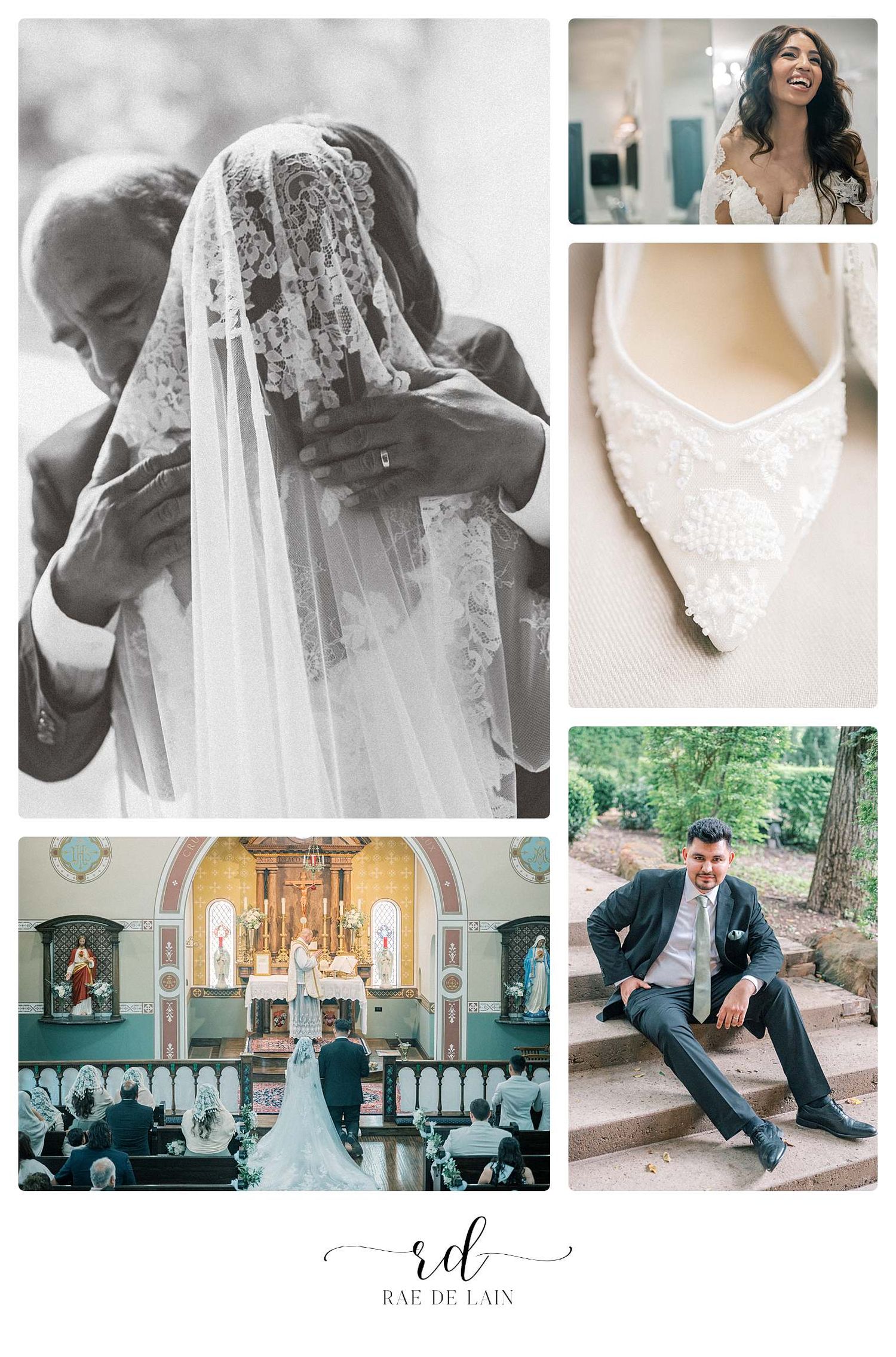 Collection of black and white wedding preparation and ceremony moments.