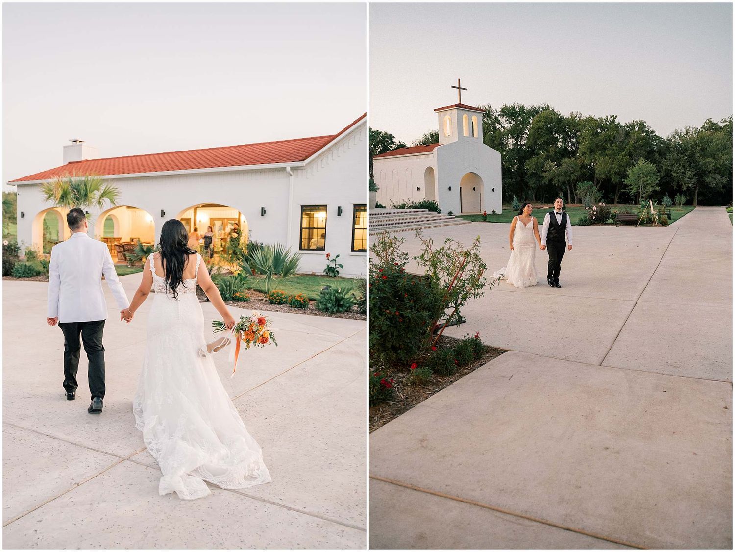 Wedding party walking along concrete path outside Spanish mission church at sunset.