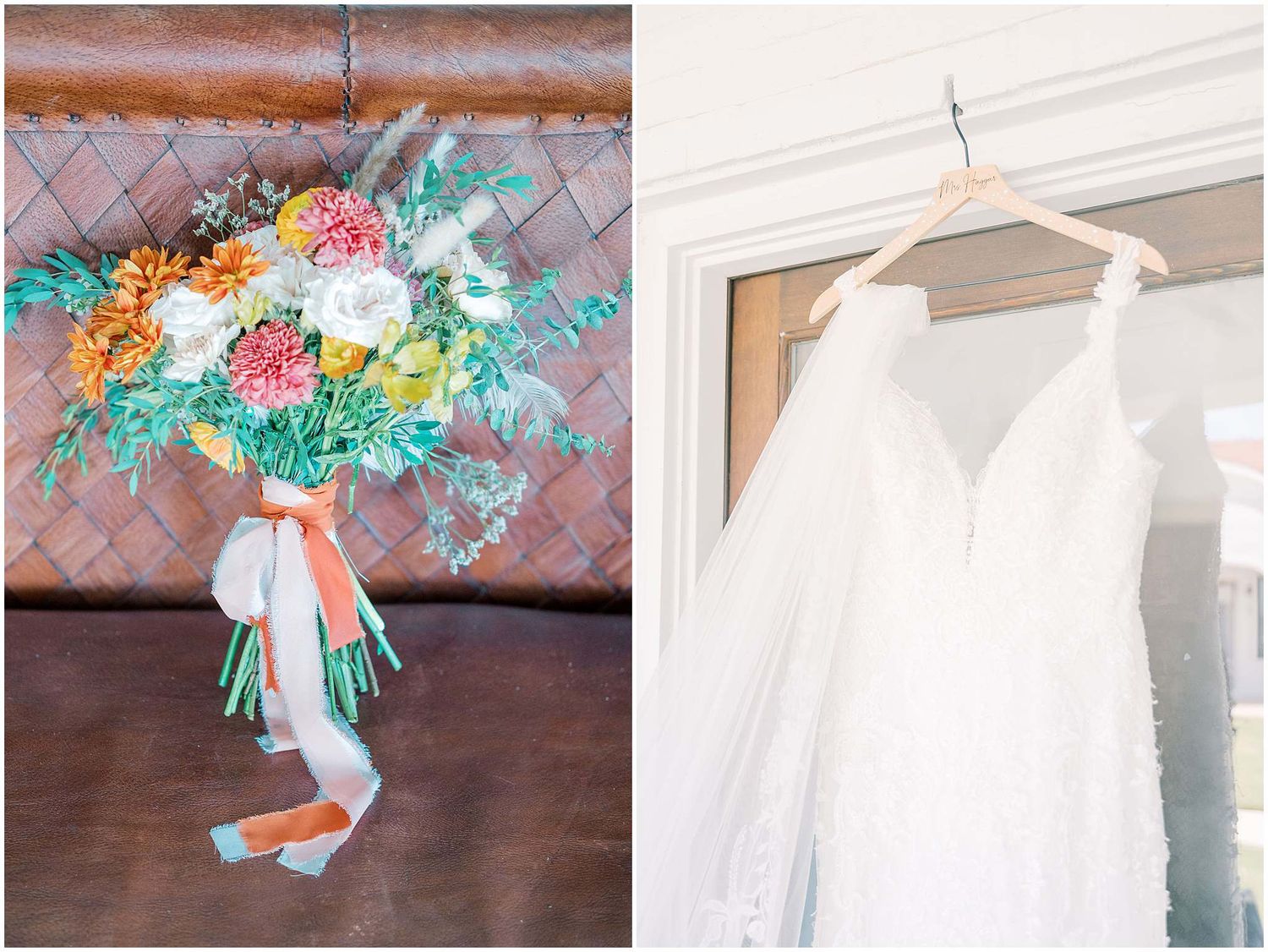 Vibrant floral arrangements with orange and turquoise blooms displayed against a dark wooden surface.