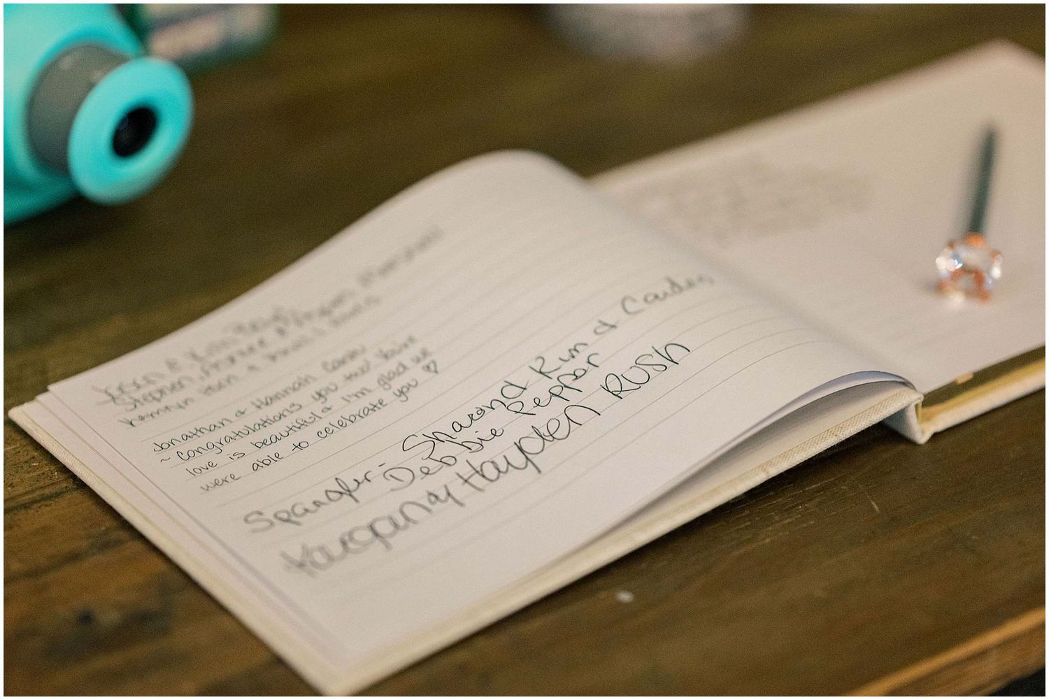 Wedding guest book pages with handwritten messages and signatures from attendees.