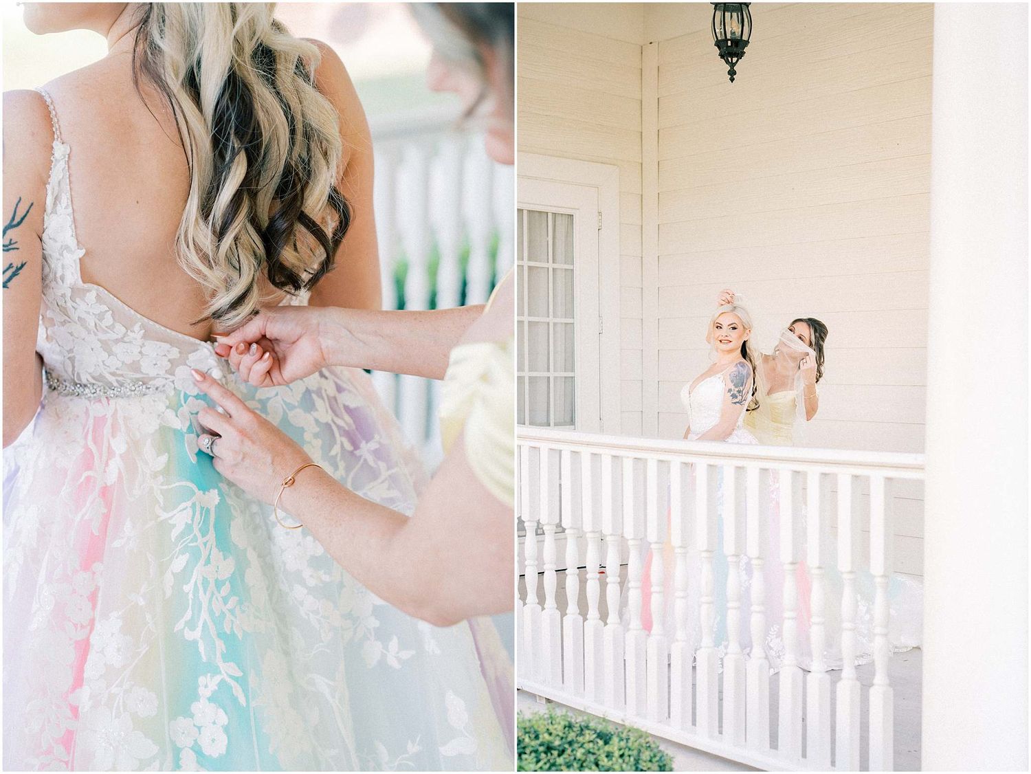Close-up details of a pastel rainbow wedding dress with intricate lace appliques.