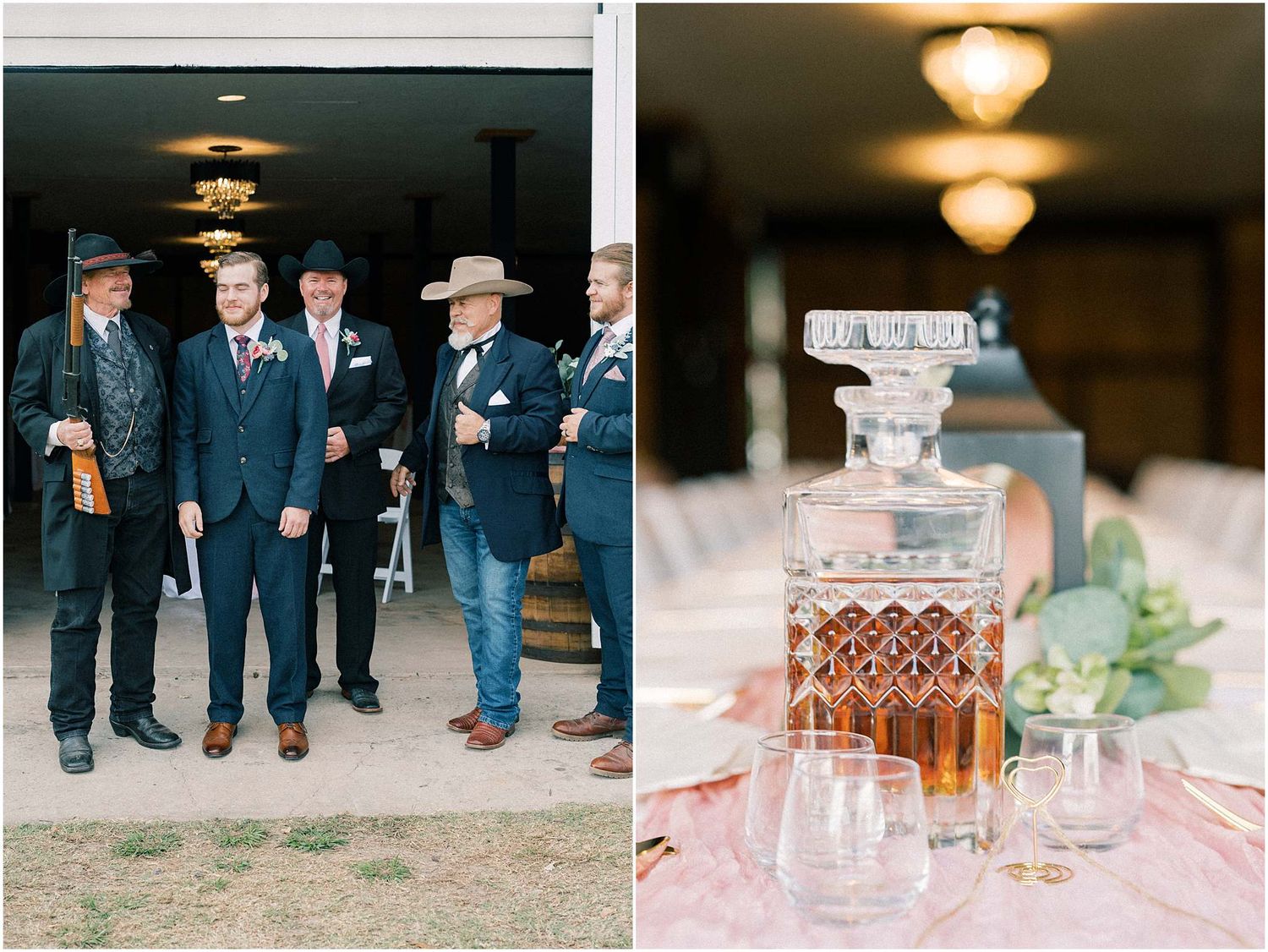 Wedding reception details showing lighting fixtures and groomsmen in formal attire.