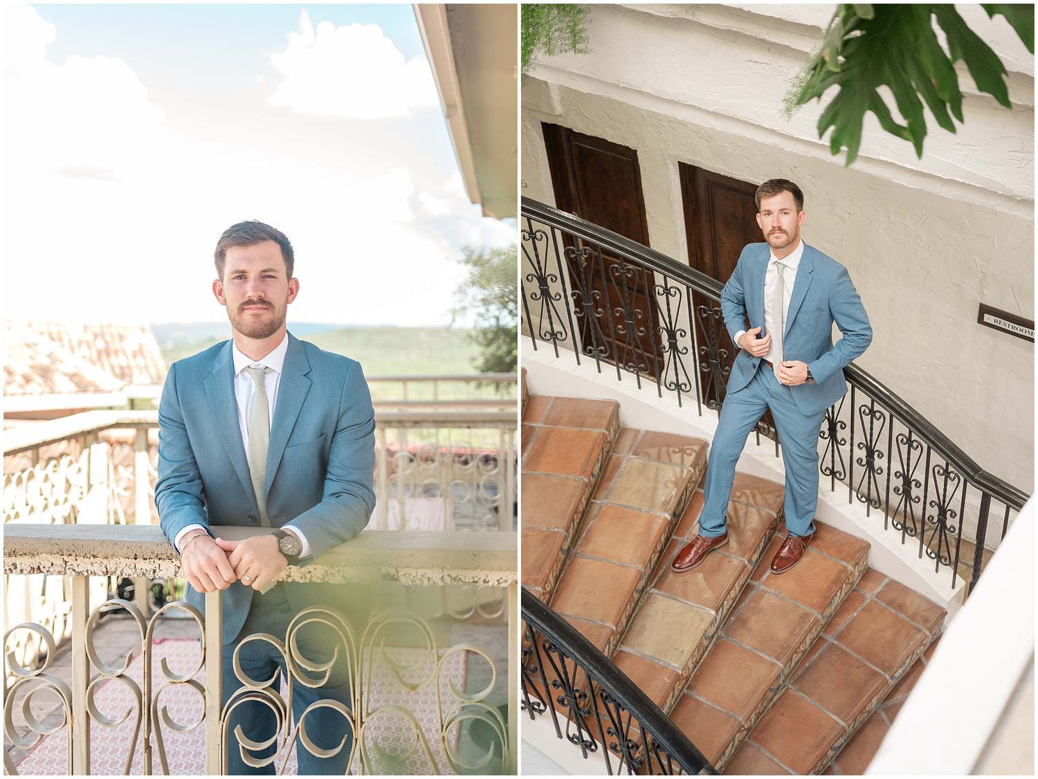 Man in light blue suit poses on outdoor stone staircase in various candid shots.