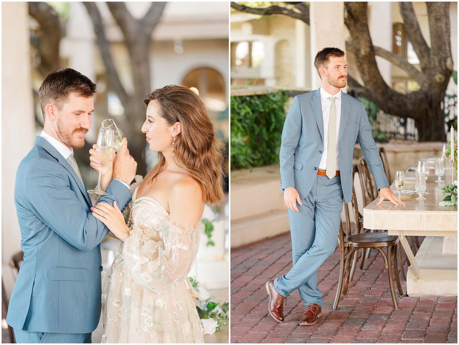 Couple in formal attire sharing romantic moments under stone archways at an elegant venue.