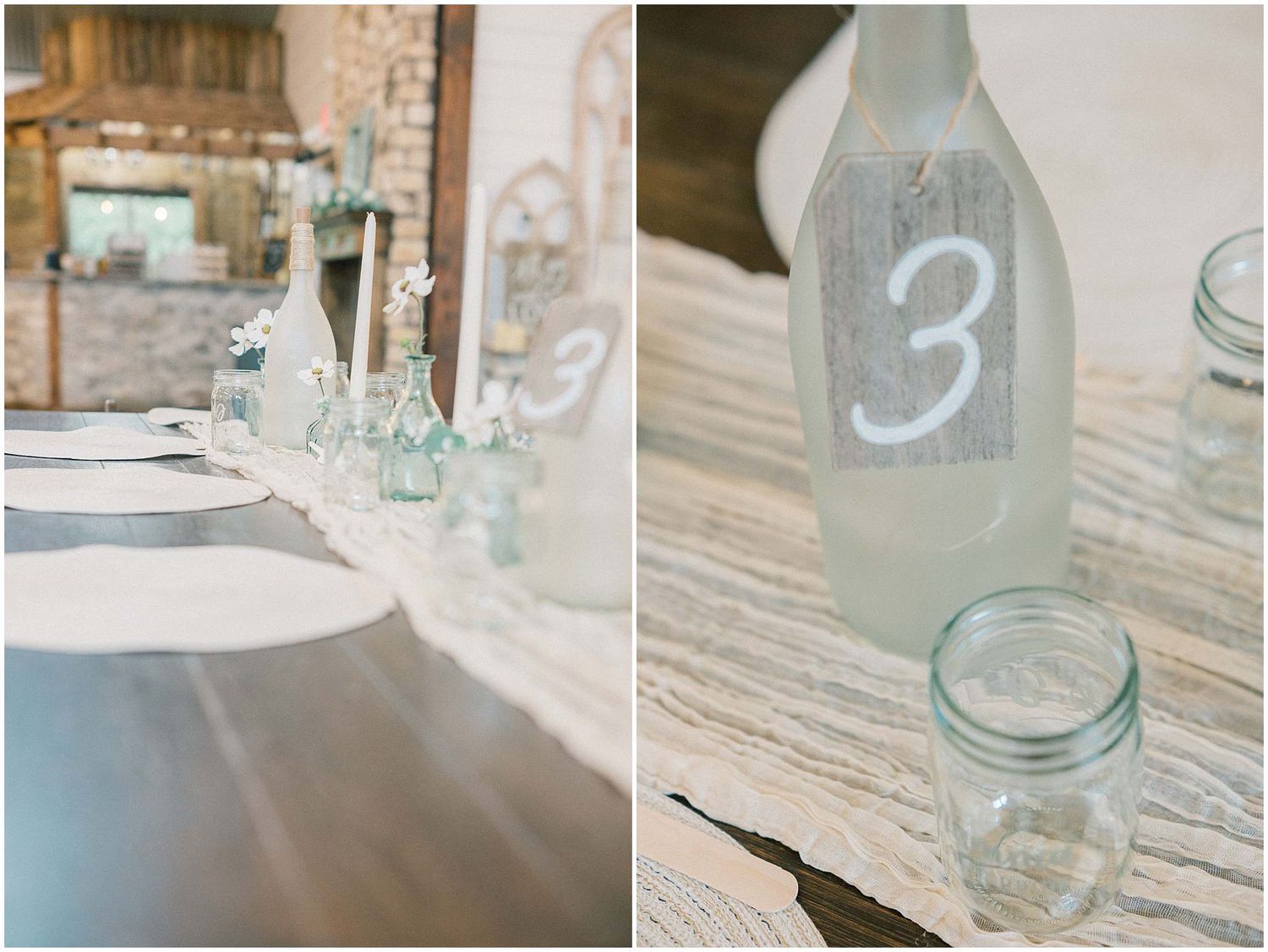 A collection of vintage glass mason jars arranged in a rustic display on a weathered wooden surface.