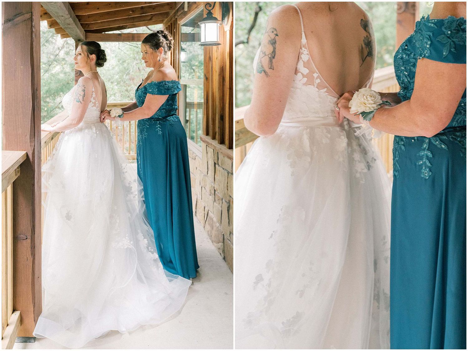 Wedding party members in teal blue dresses help adjust a bride's white gown in an elegant rustic setting.