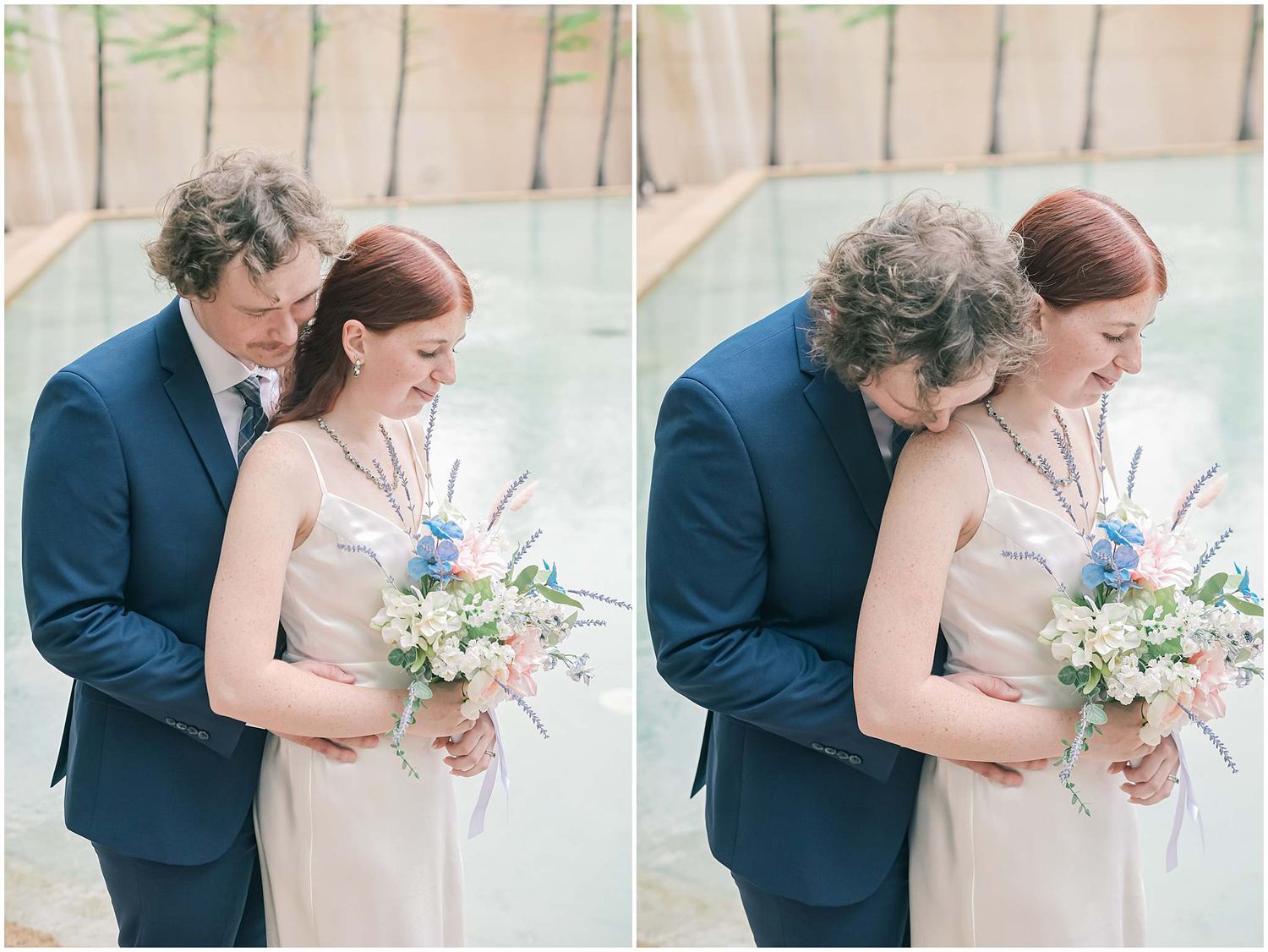 Wedding couple sharing intimate moments in a light-filled room with pastel pink and blue tones.