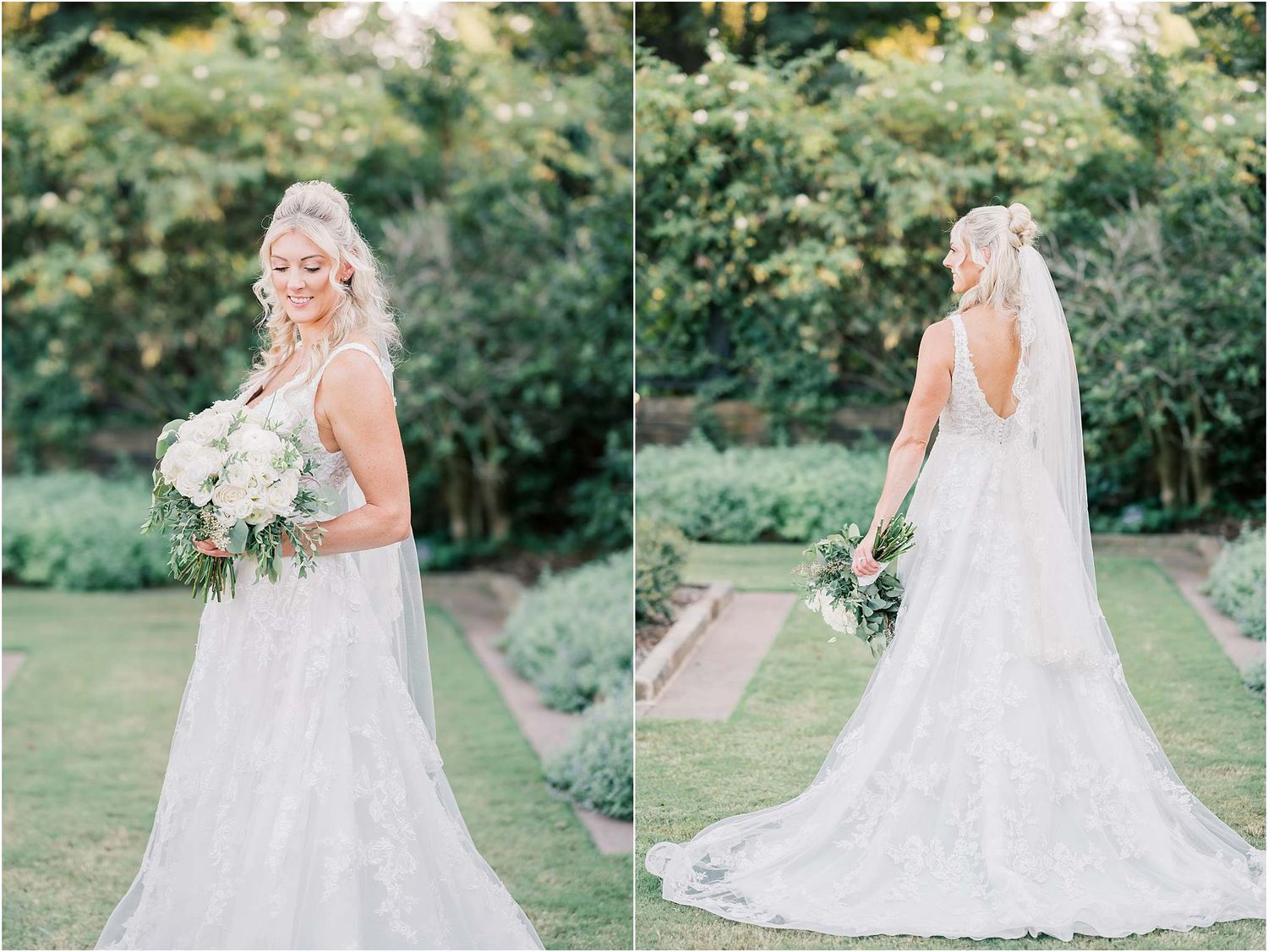 Elegant bridal portraits showcasing lace wedding gown details in a garden setting.