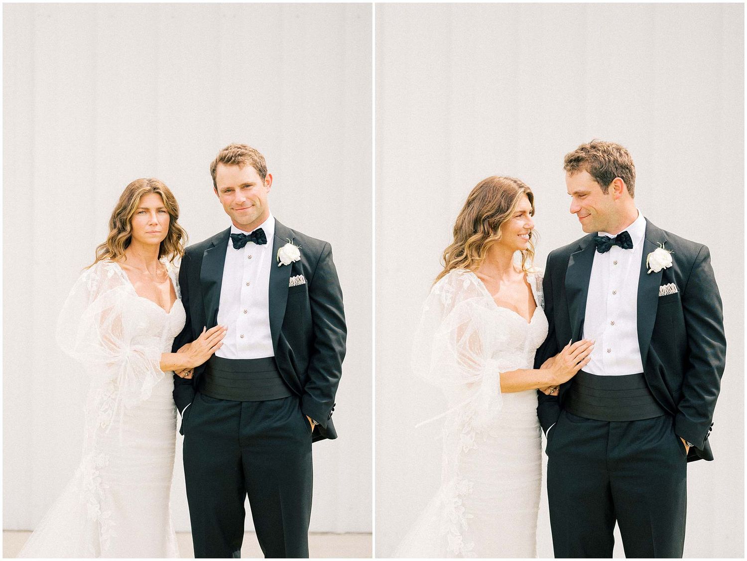 Elegant wedding portraits showing the couple in formal attire against a minimalist white backdrop.