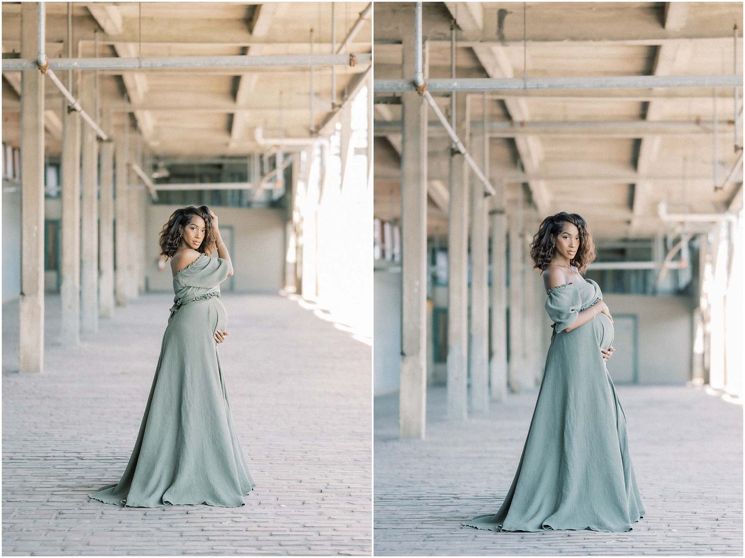 Flowing sage green dress captured in a series of elegant poses in an industrial space.