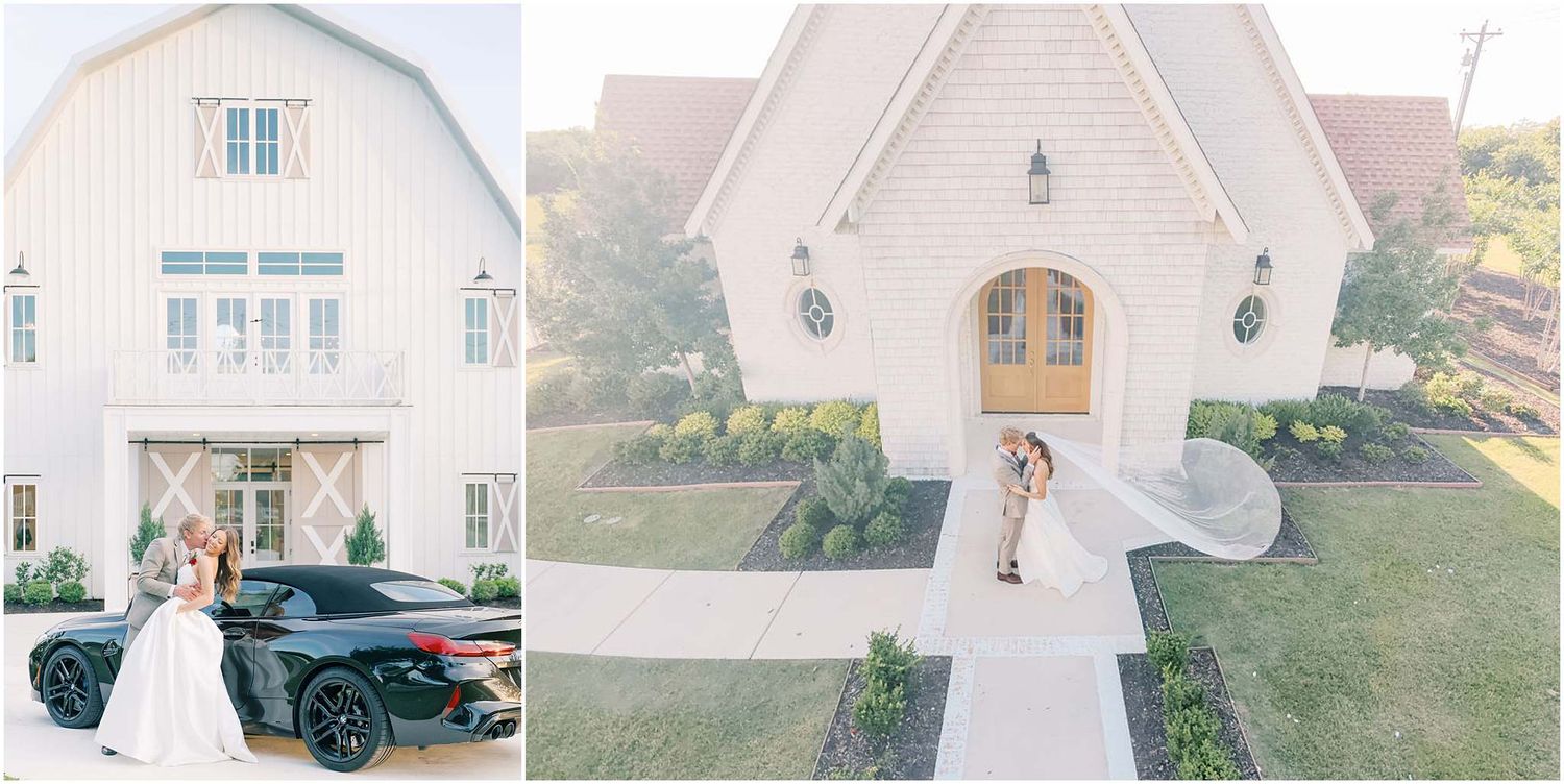 Bride and groom posing outside a white barn wedding venue with a luxury sports car on their wedding day.