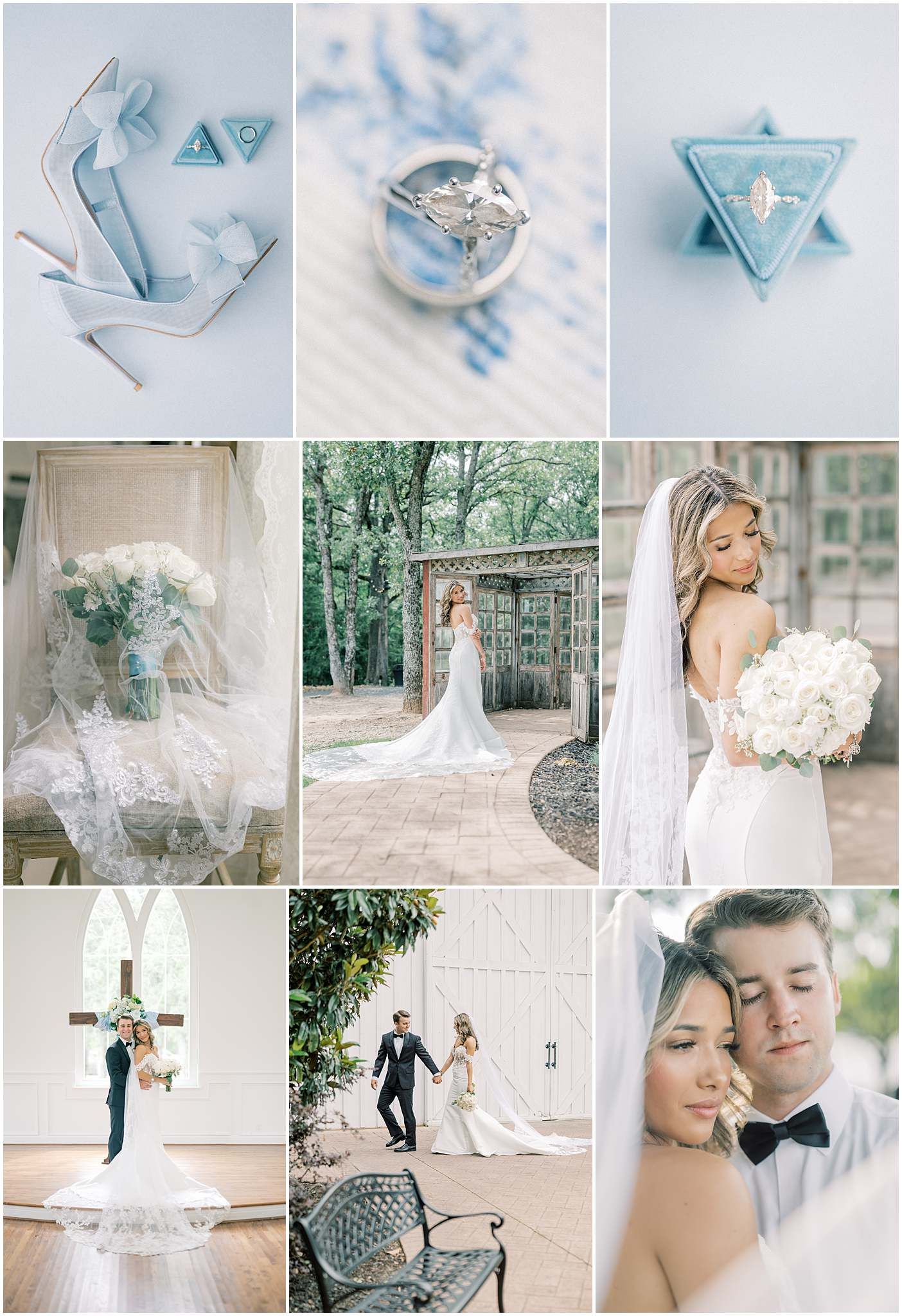 Elegant wedding collage featuring blue details, bridal portraits, rings, bouquets, and couple photos in a soft pastel palette.